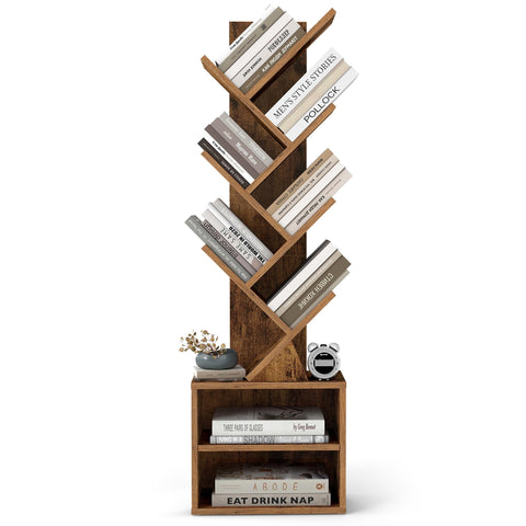 VASAGLE Custos tree bookshelf front view demonstrates space-saving corner fit.