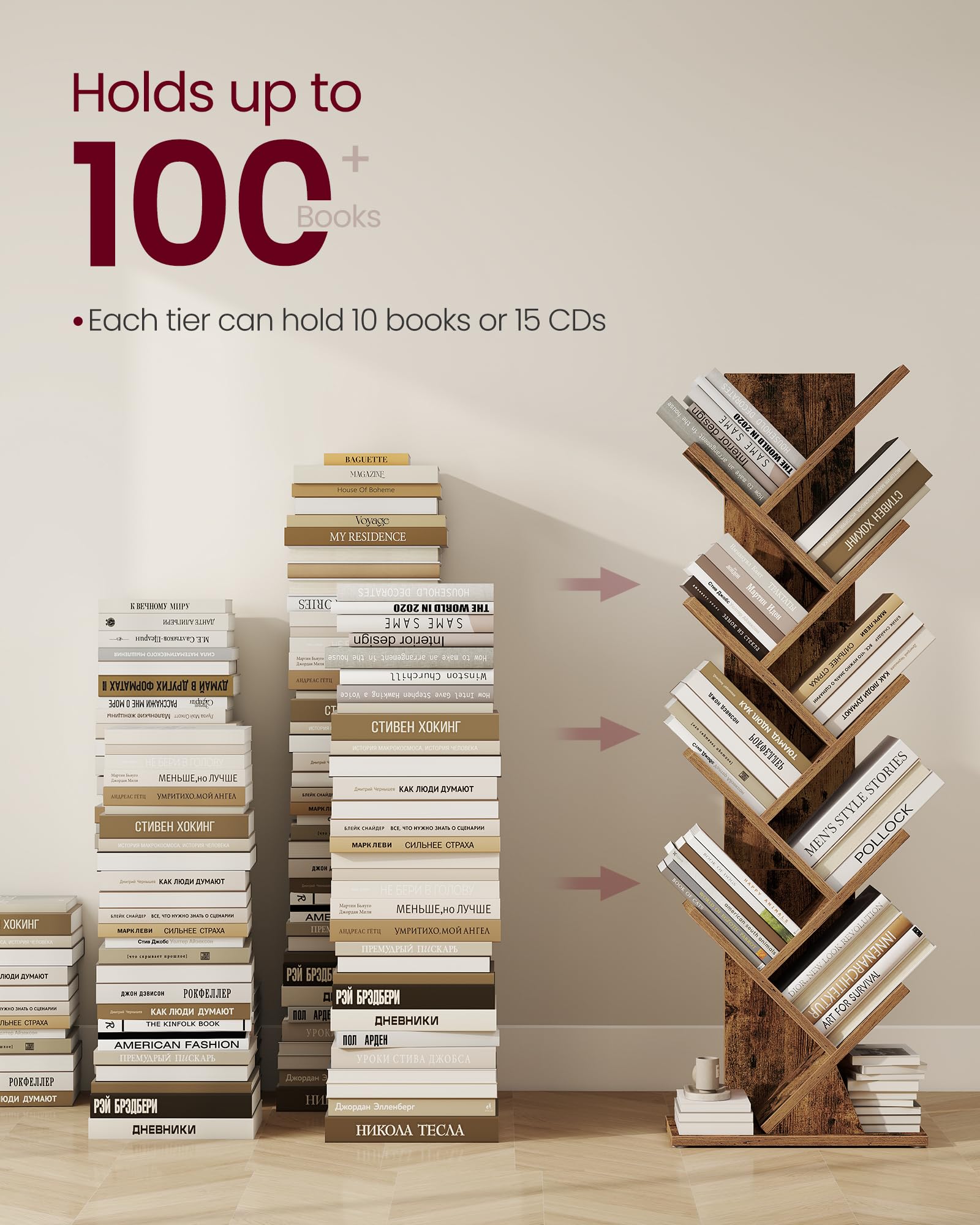 VASAGLE Custos tree bookshelf in living room setting shows versatile display and storage.