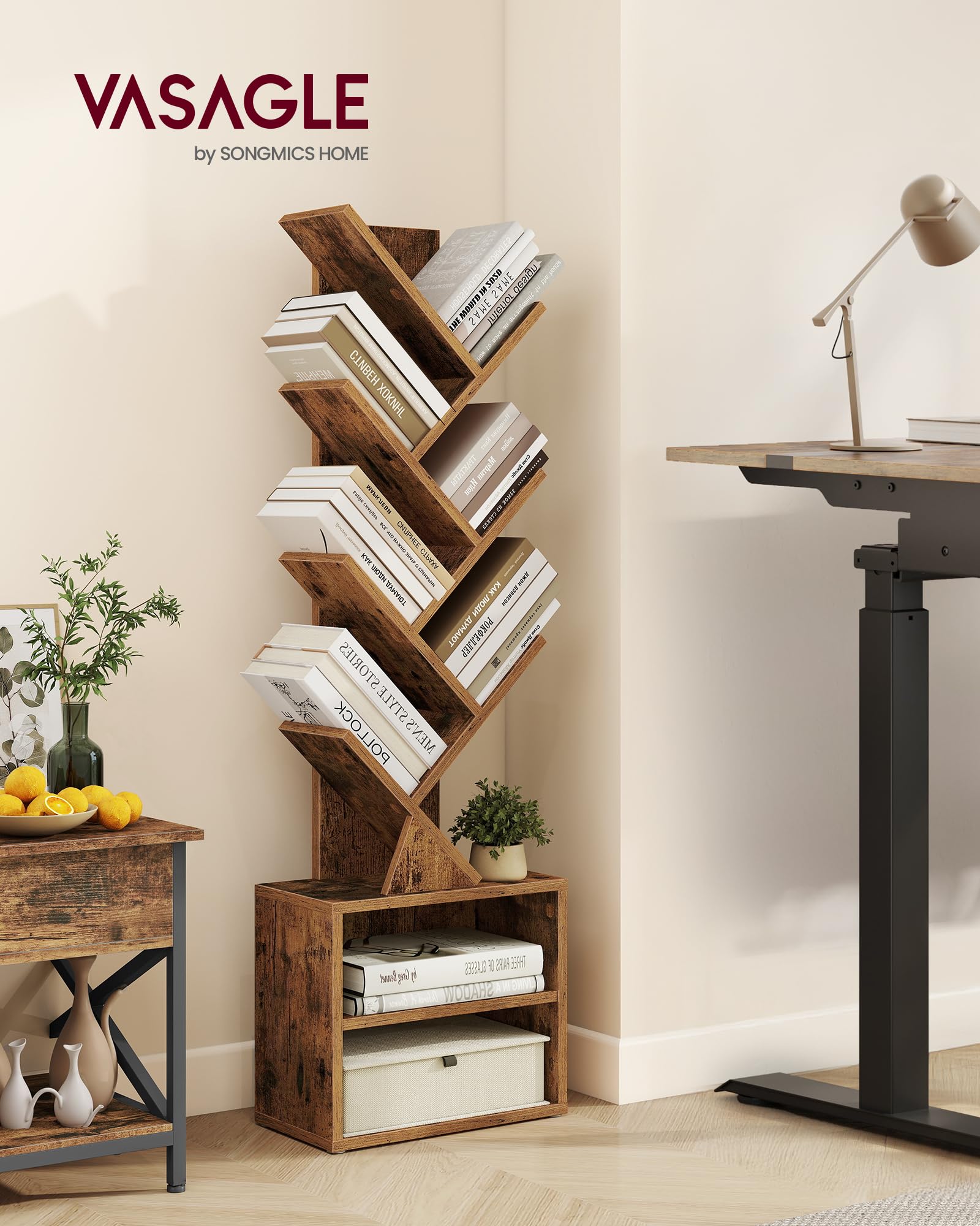 VASAGLE Custos tree bookshelf side view highlights sturdy construction.