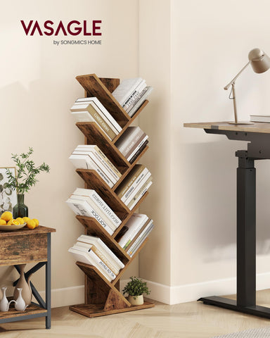 VASAGLE Custos tree bookshelf side view demonstrates slim profile ideal for corners.