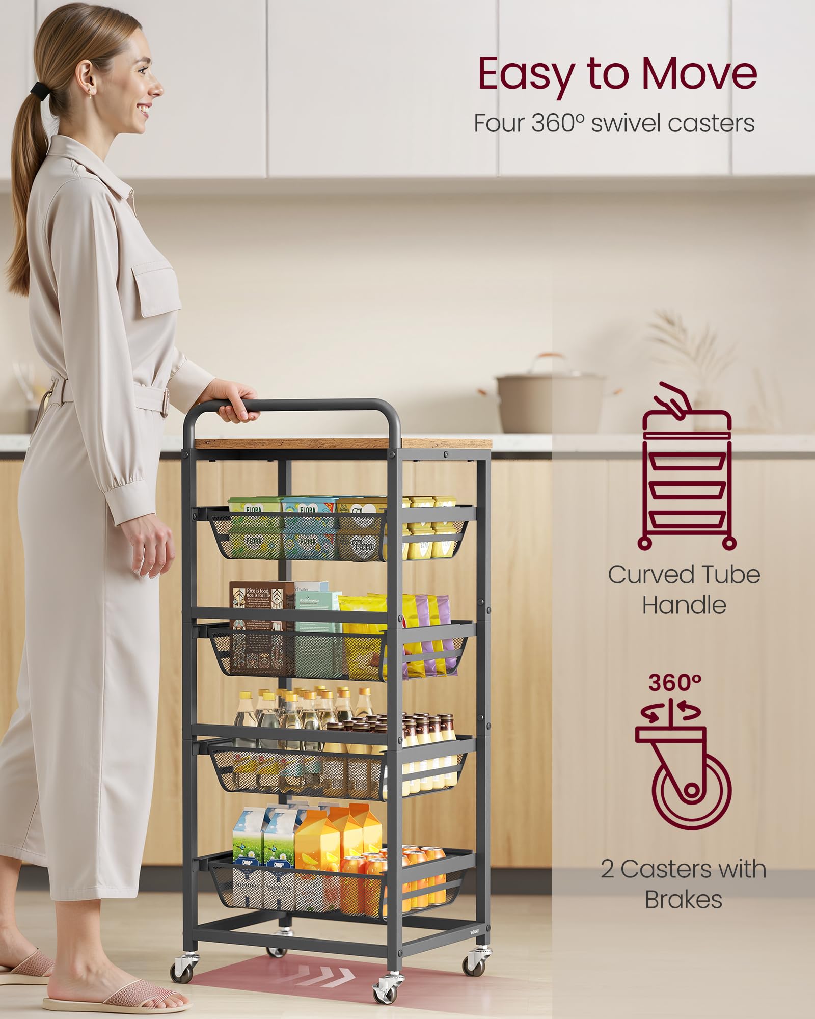 VASAGLE dense mesh baskets securely hold items like snacks and produce.