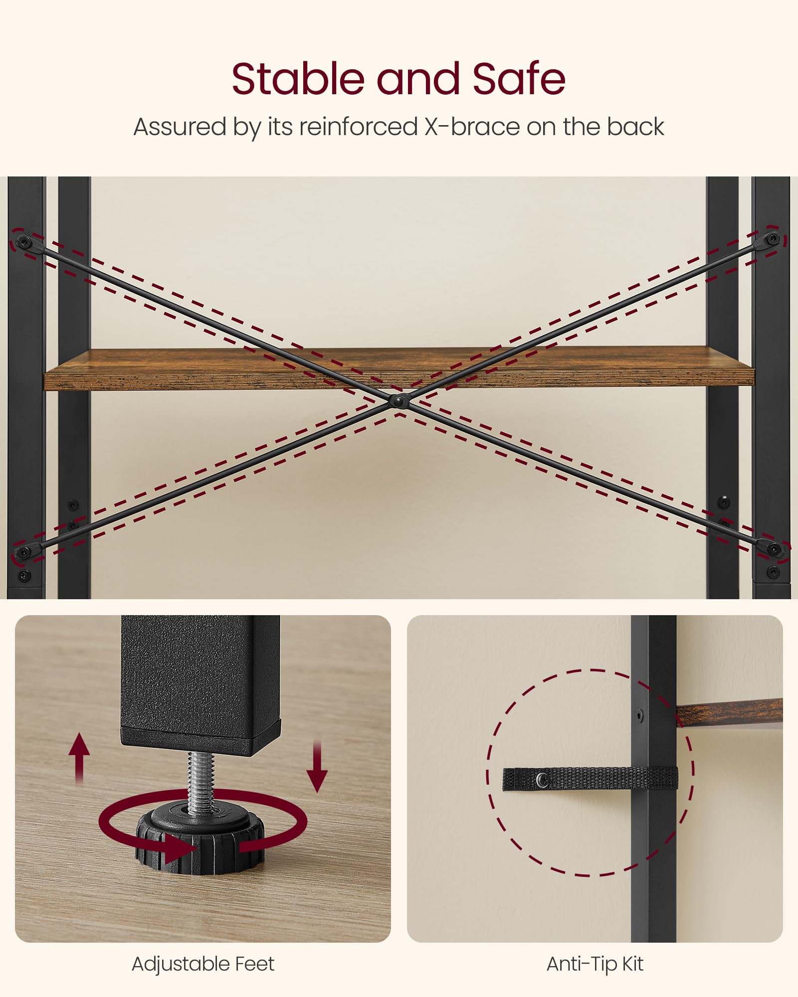 Sturdy particleboard and steel frame support up to 88 lb of items.