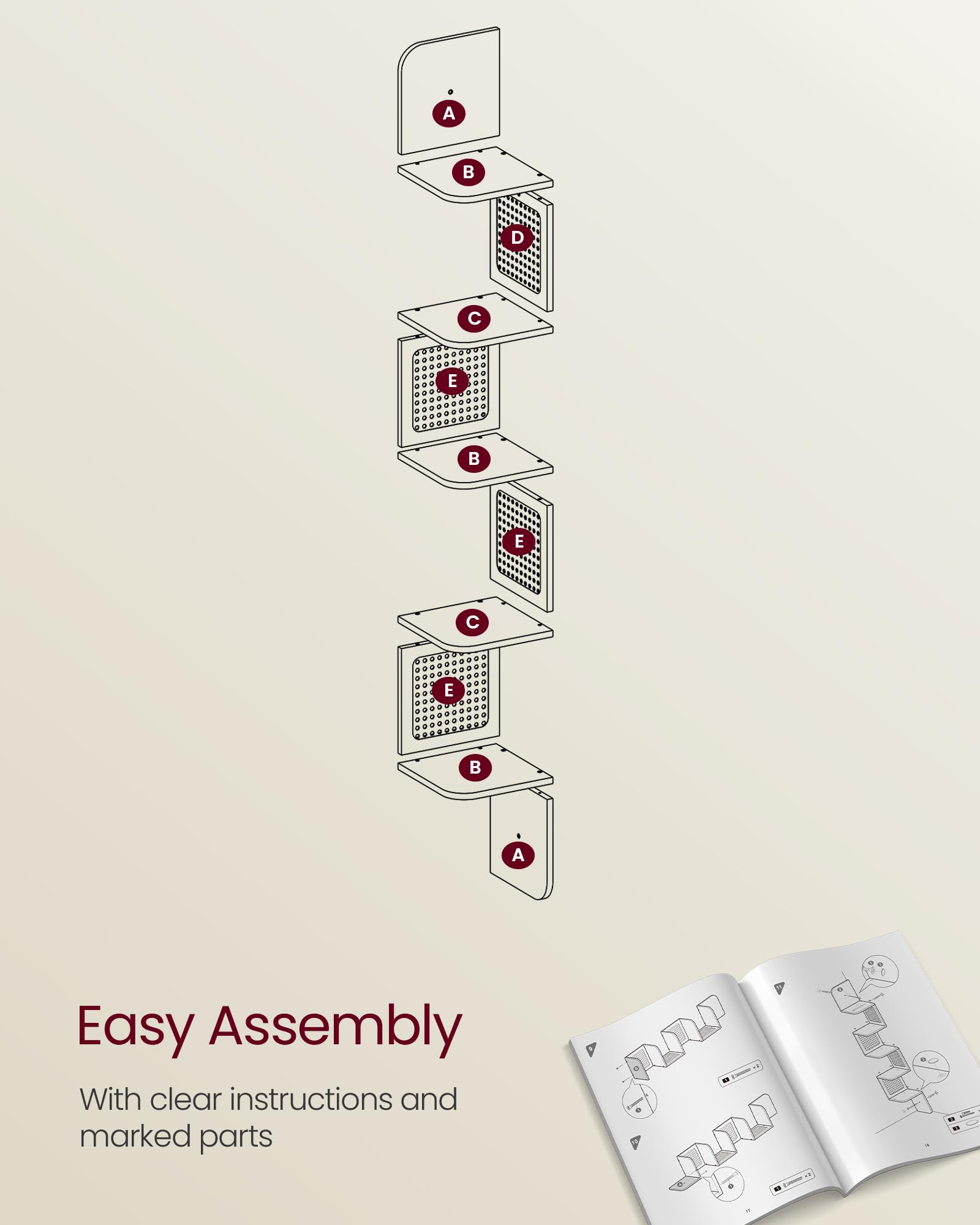 VASAGLE easy-install wall shelf with clearly marked parts for quick setup.