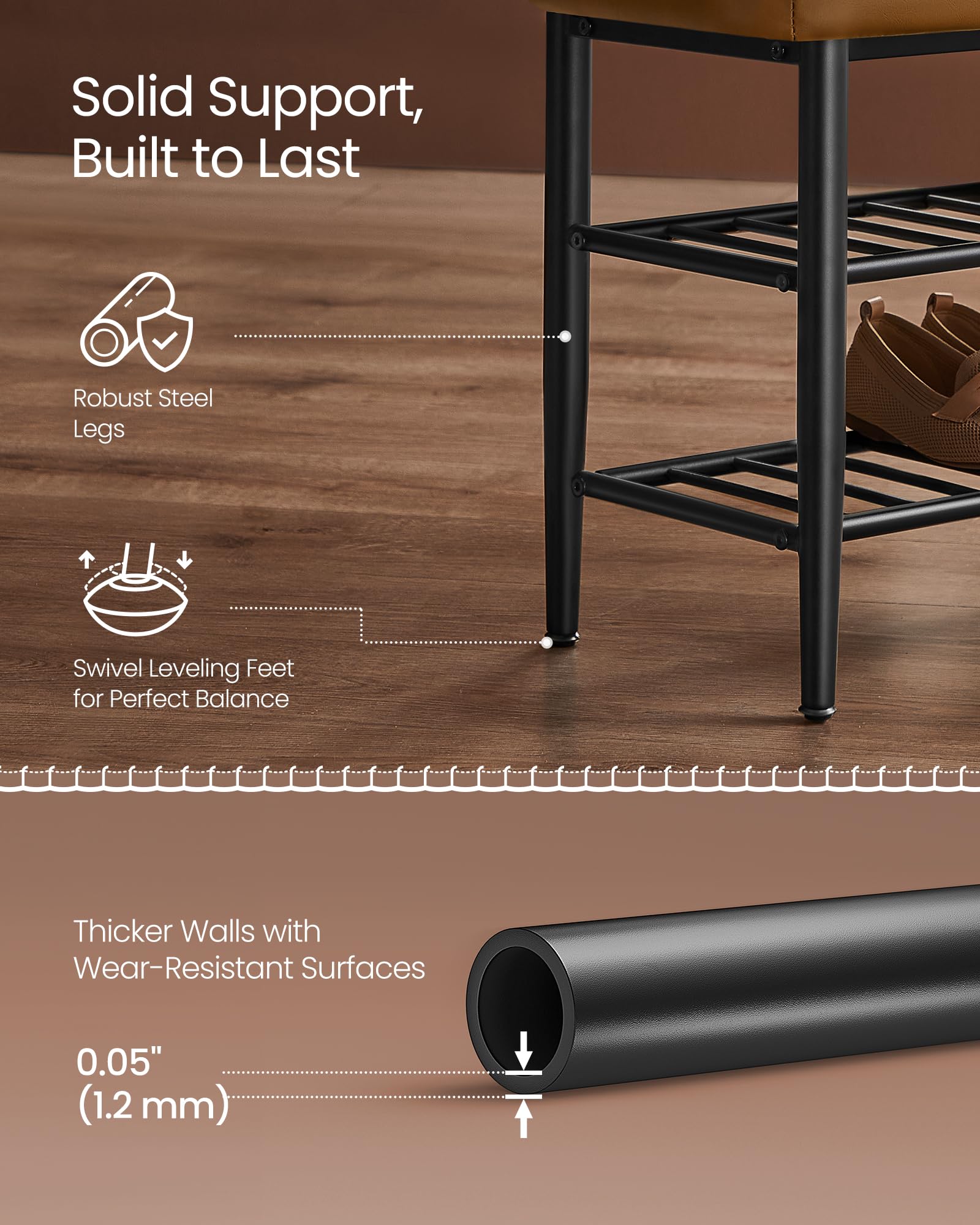 VASAGLE EKHO steel frame and leveling feet provide stable support.