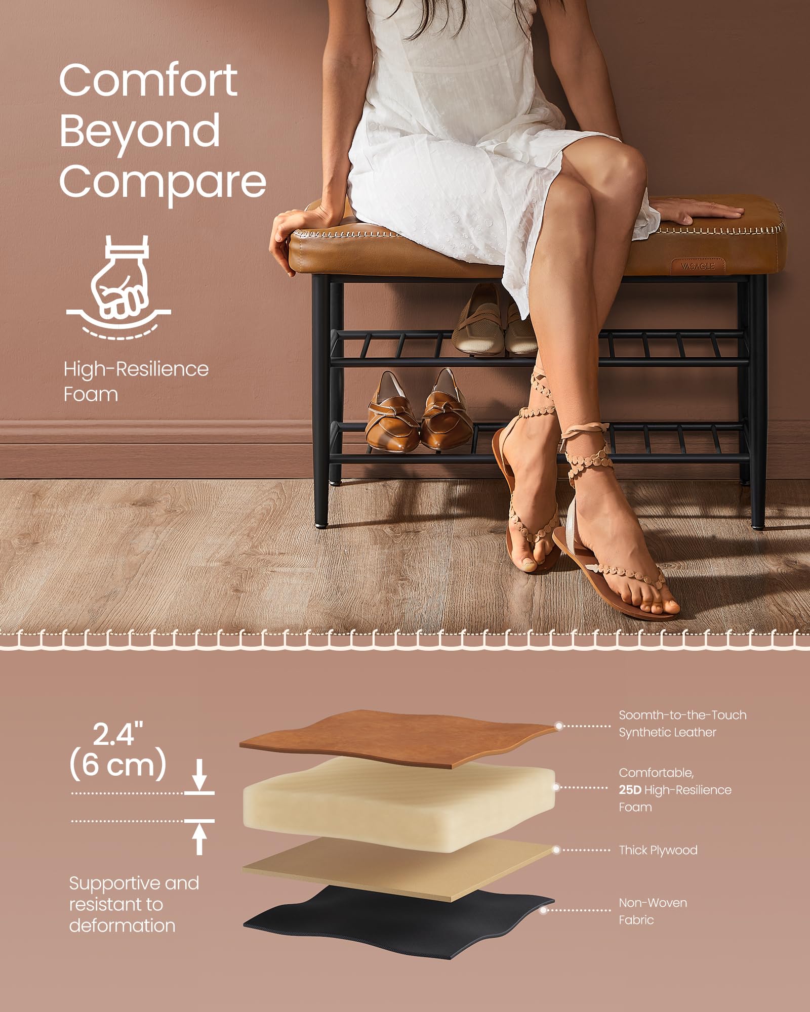 VASAGLE EKHO three-tier shoe storage under bench keeps footwear organized.