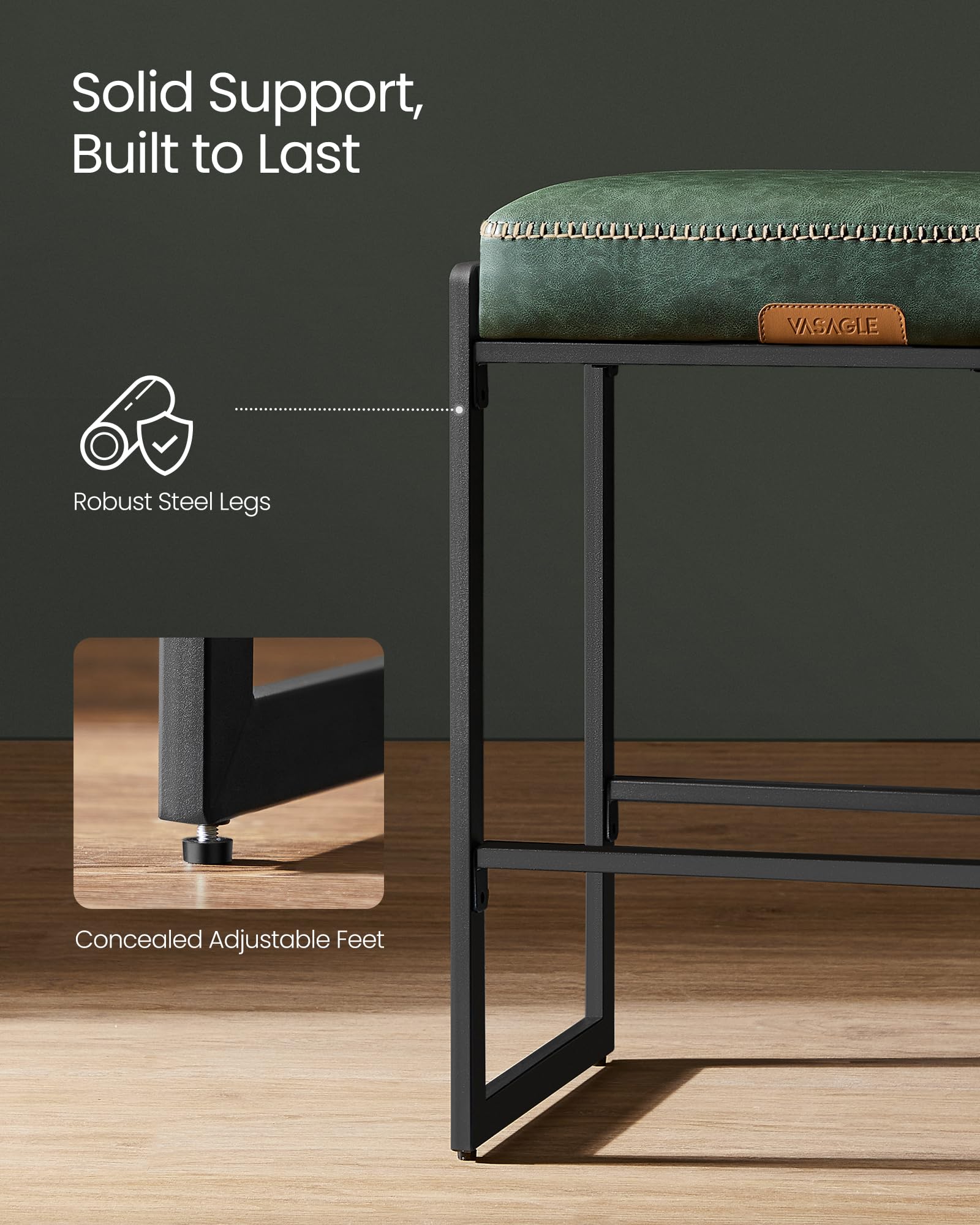 VASAGLE Ekho forest green bar stool concealed feet for stable leveling