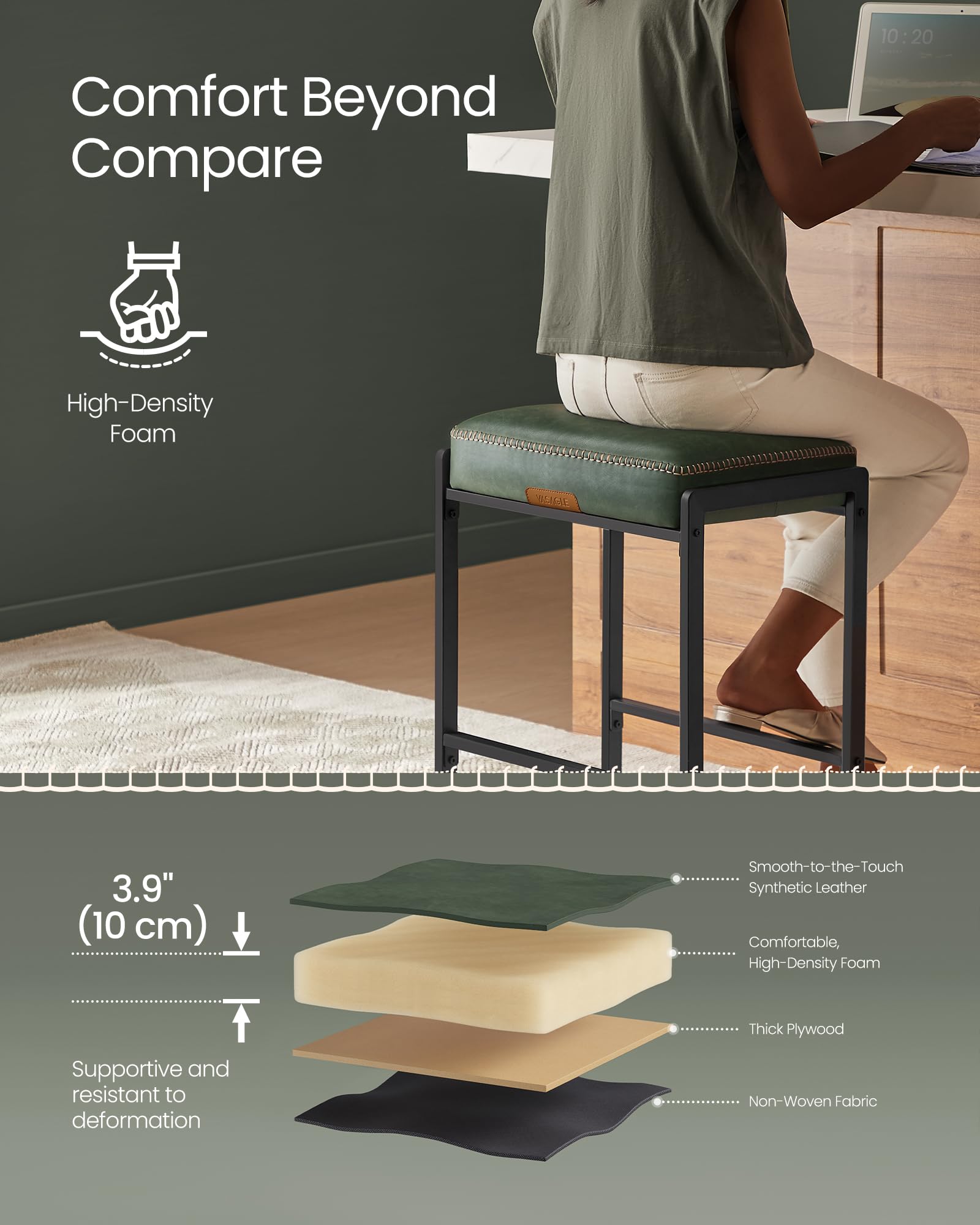 VASAGLE Ekho forest green bar stool stitching detail highlighting craftsmanship