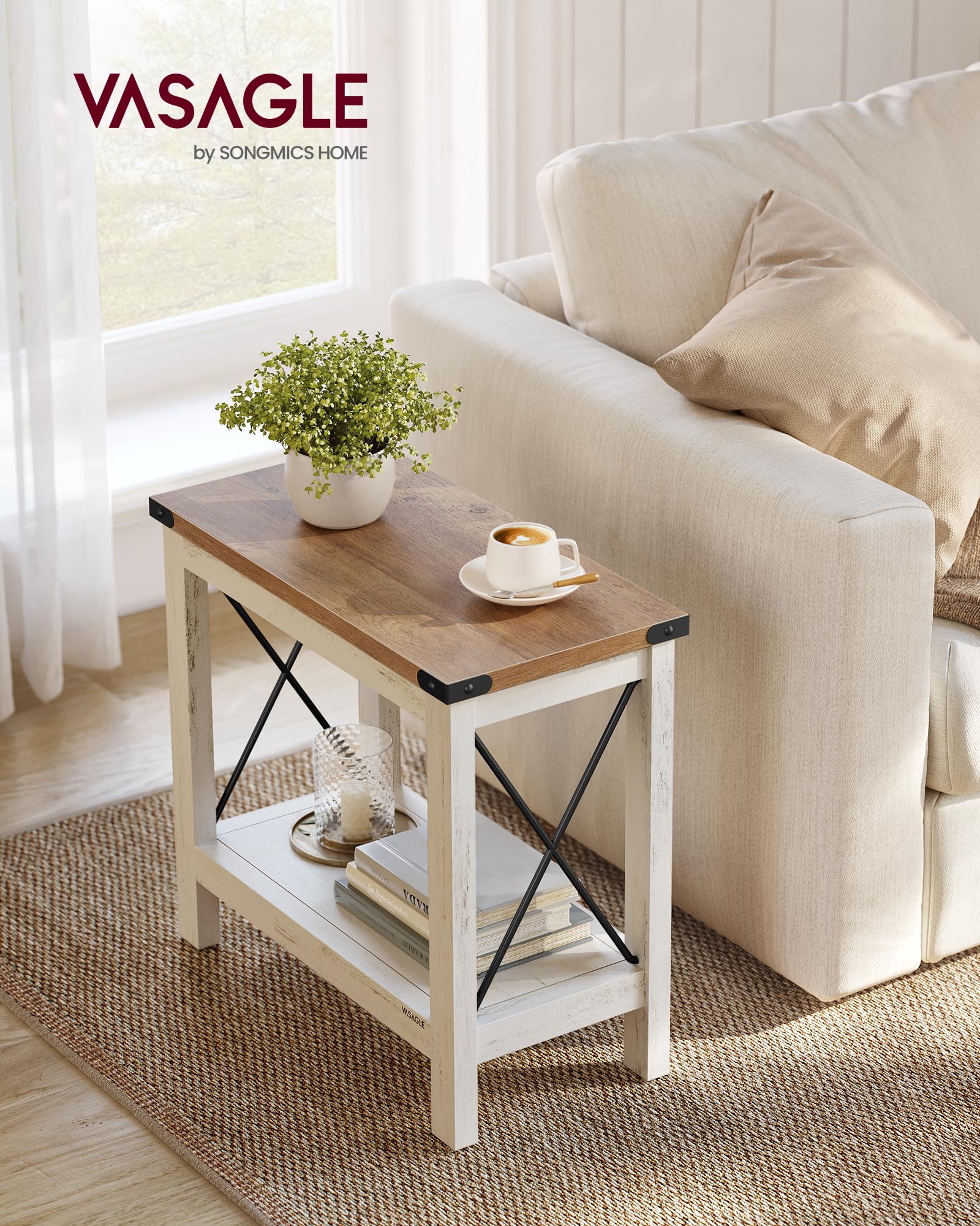 VASAGLE end table 2-tier storage with lower shelf for books and remotes
