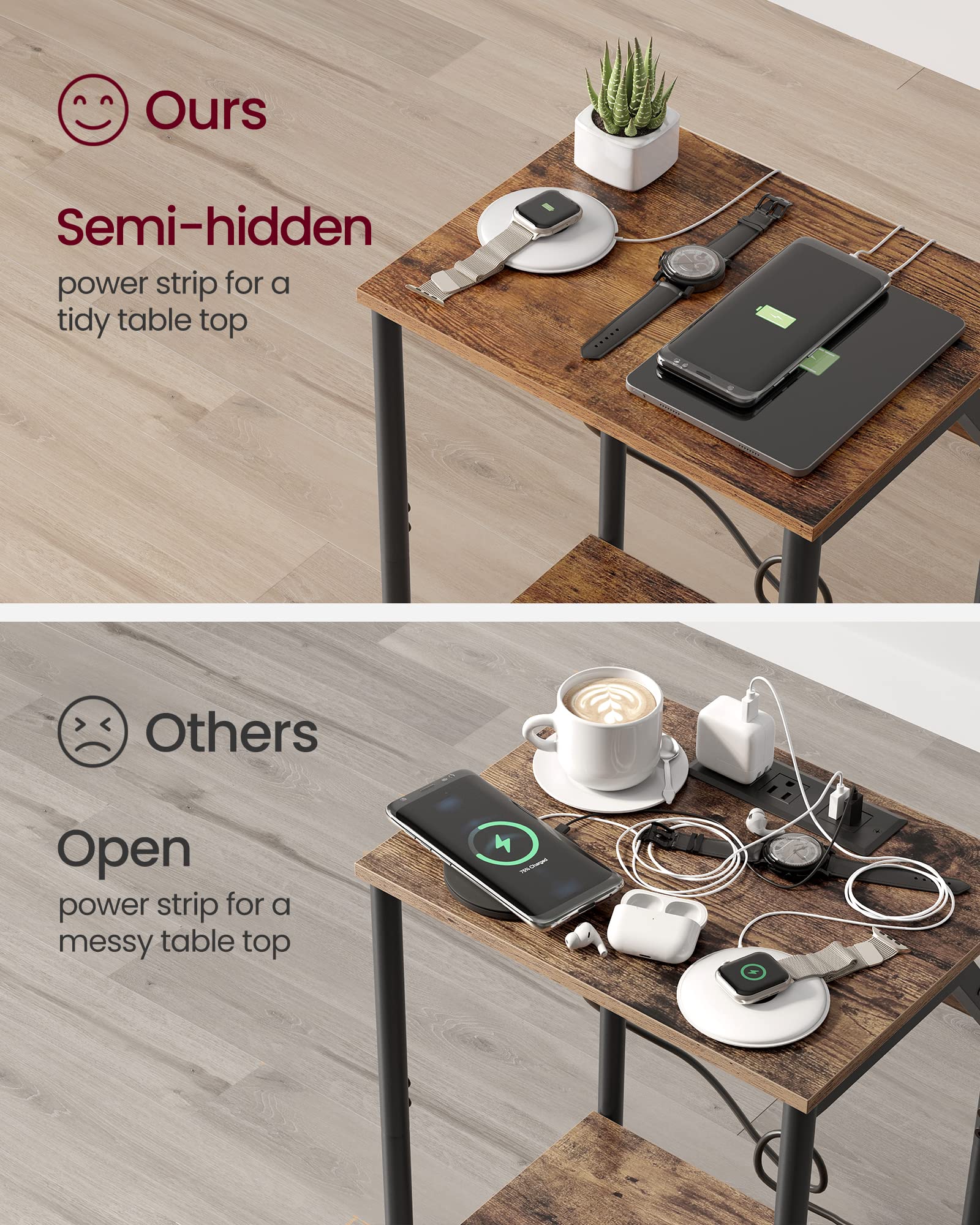 VASAGLE end-table cable-management gap demonstrates neat cable routing