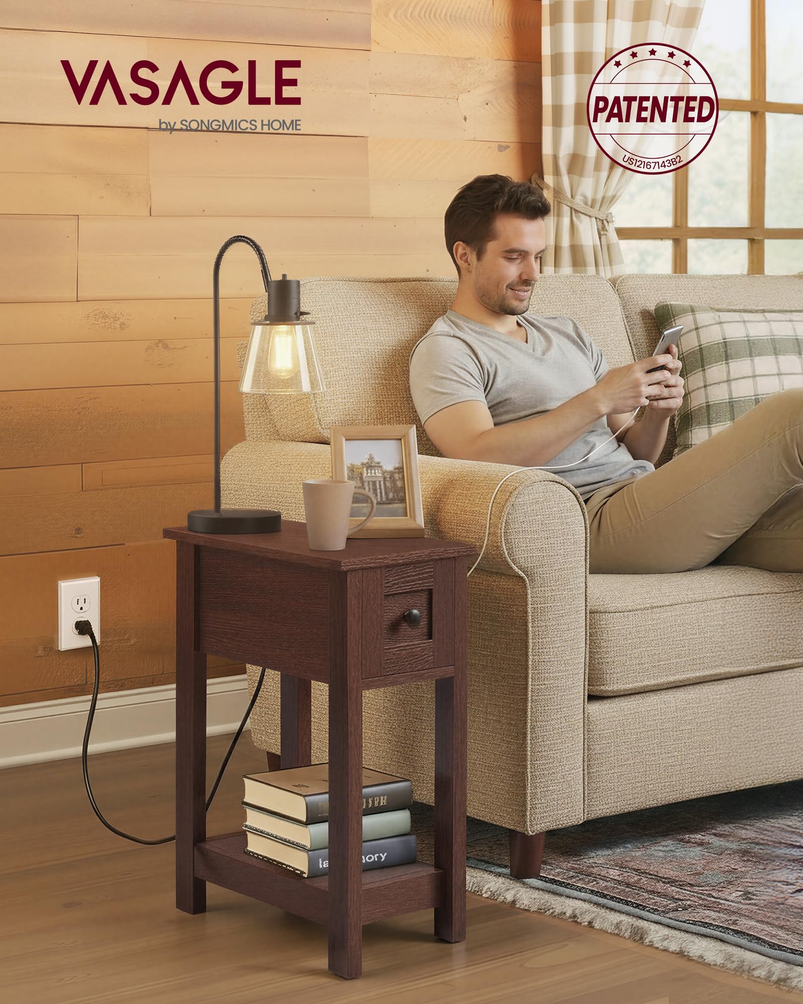 VASAGLE end table charging station with USB and AC outlets for device convenience.