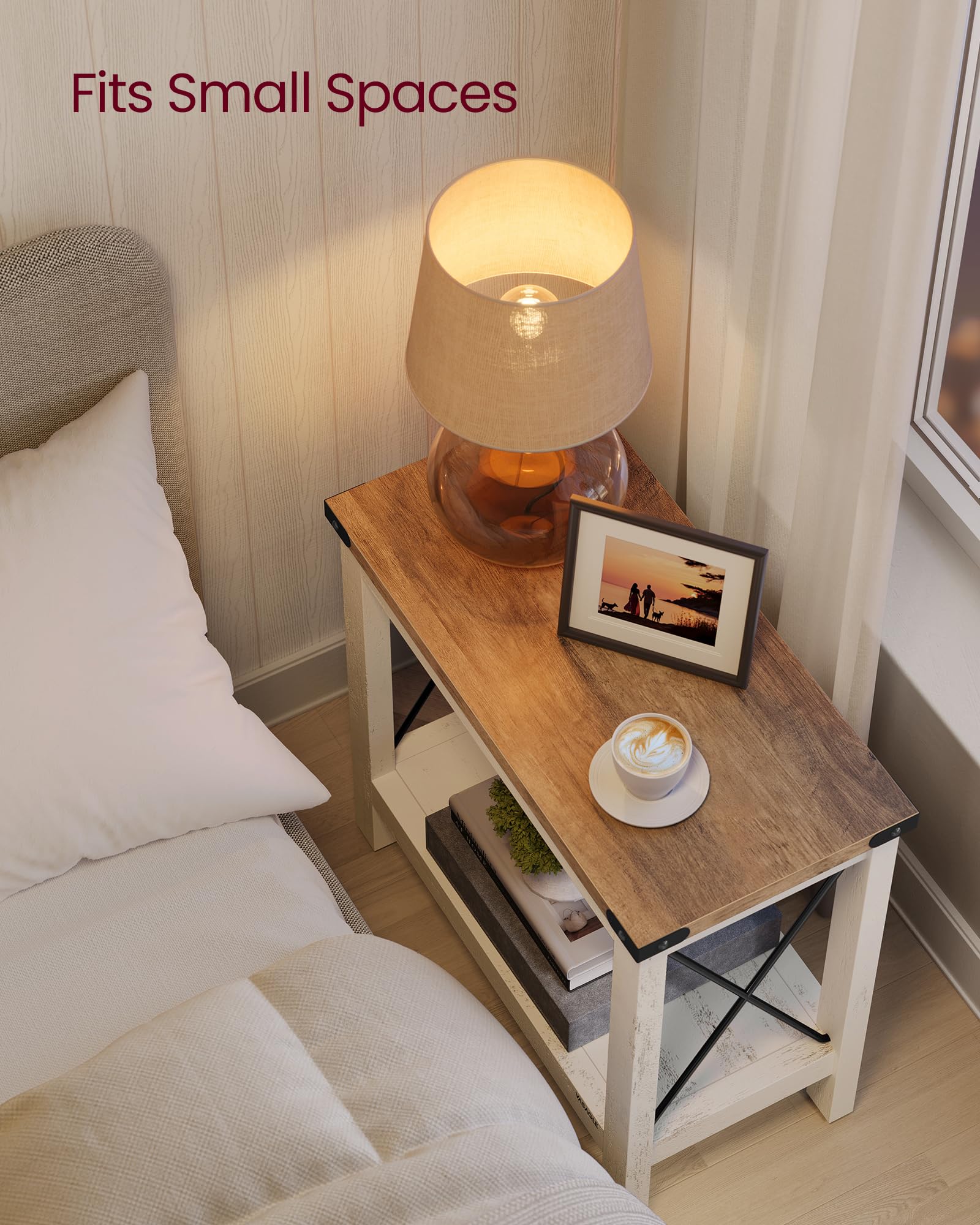 VASAGLE end table shows metal X-bars and corner accents for farmhouse style