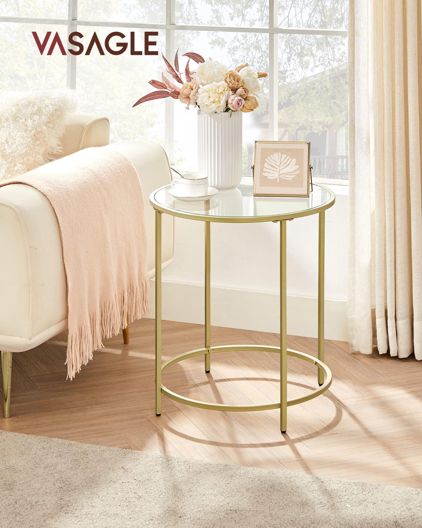 VASAGLE end table in minimalist gold design beside a sofa.