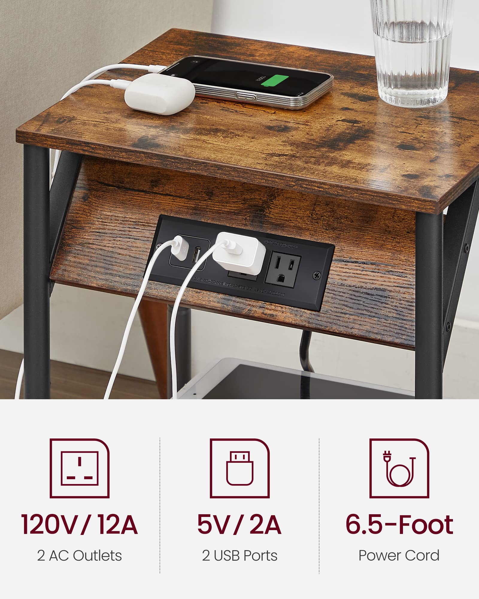 VASAGLE end-table storage shelf shown from side view for tidy essentials