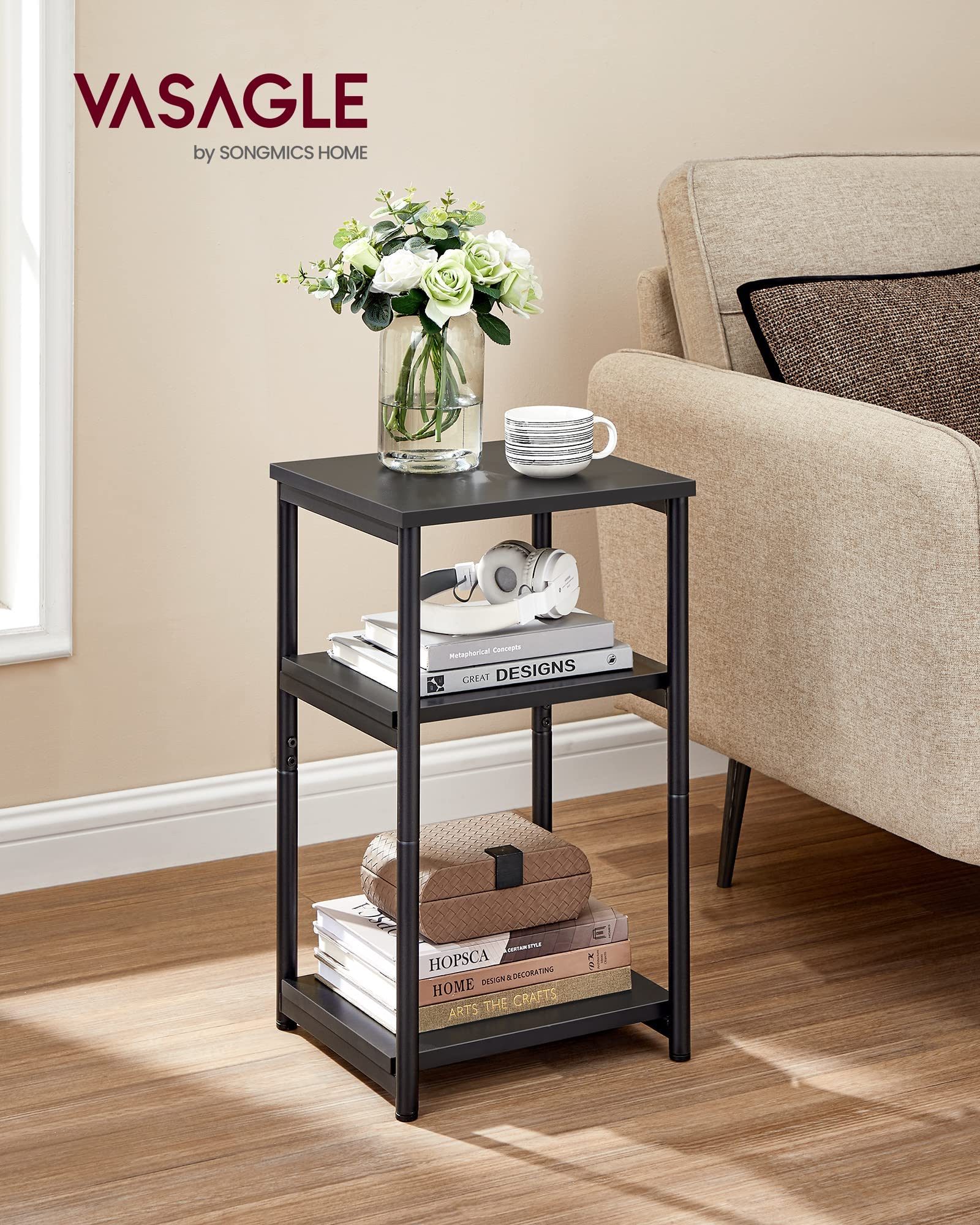VASAGLE end table with three-tier storage for quick access.