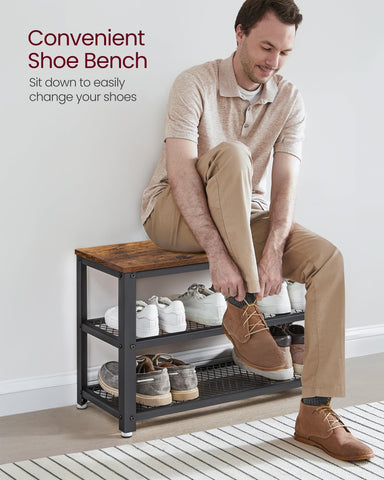VASAGLE entry bench seat demonstrates comfortable, sturdy seating while putting on shoes
