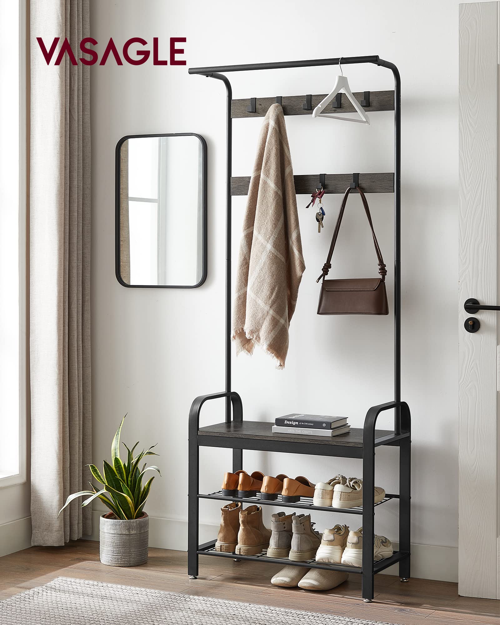 VASAGLE entryway bench with coat rack showing shoe storage and seating.