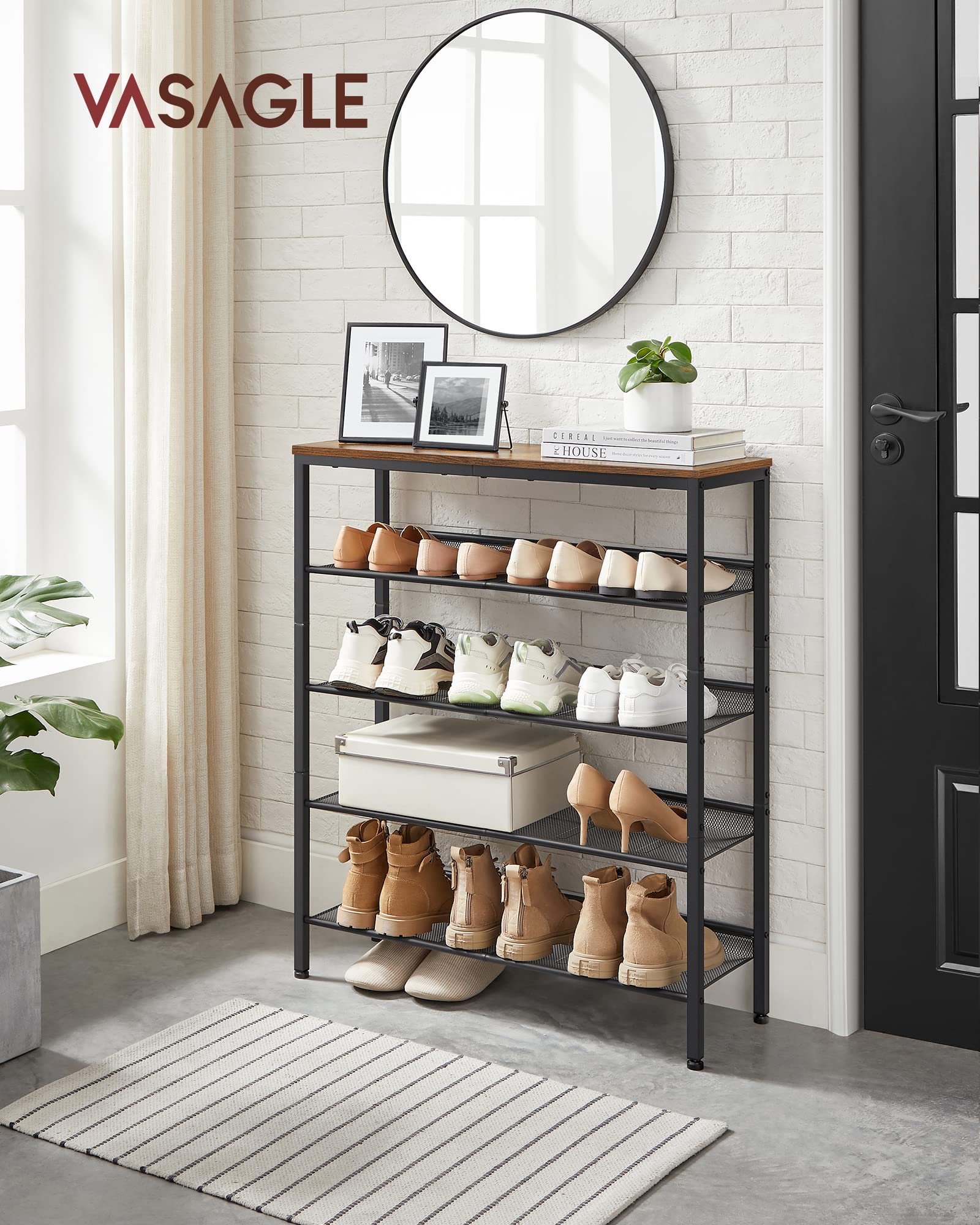 VASAGLE entryway shoe rack top surface hosts bags and decor neatly.