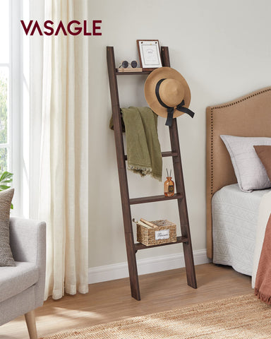 VASAGLE five-tier ladder shelf displaying towels and decor with rustic farmhouse charm