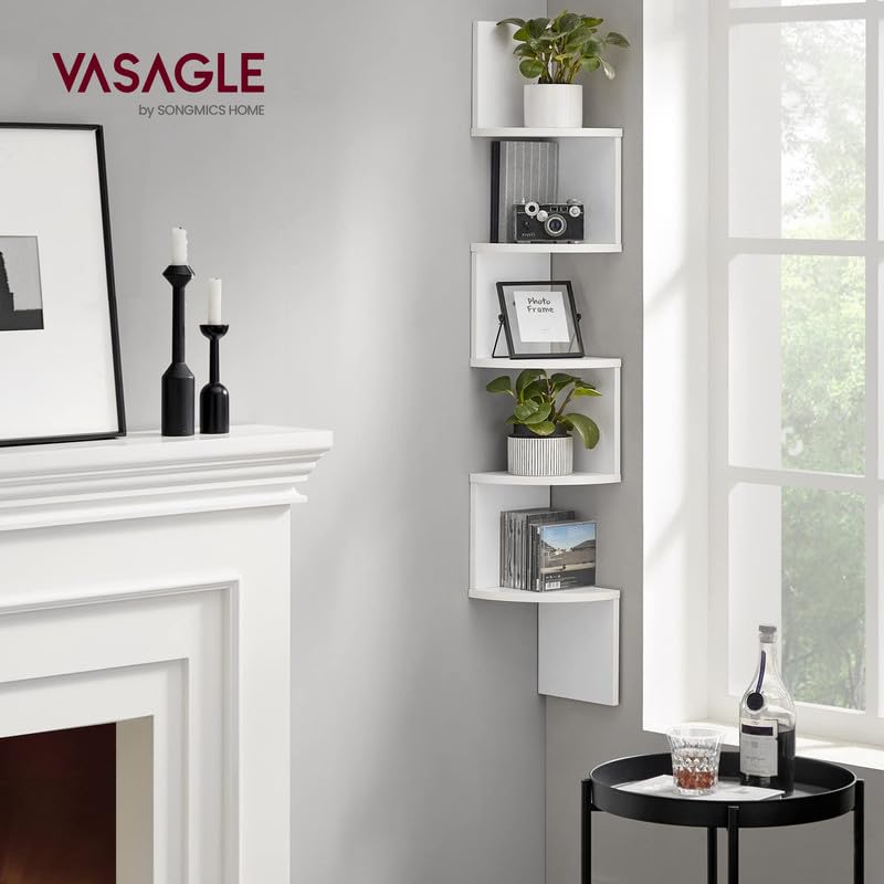 VASAGLE floating corner shelf cloud white keeps plants and collectibles elevated stylishly.