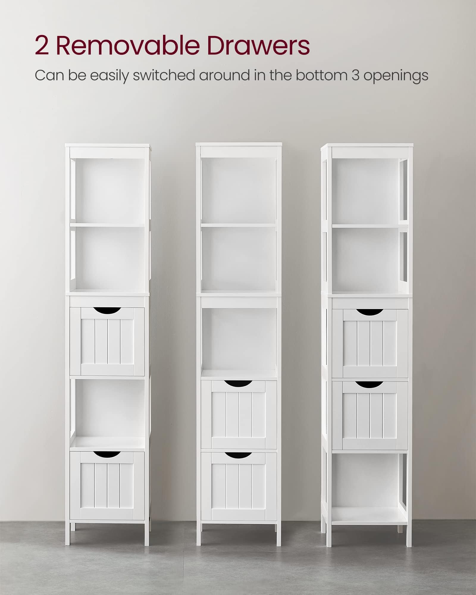 VASAGLE floor cabinet in white fits living rooms and hallways with a clean modern look.