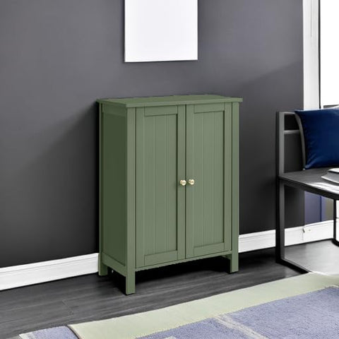 VASAGLE cabinet forest green with adjustable shelves behind doors.