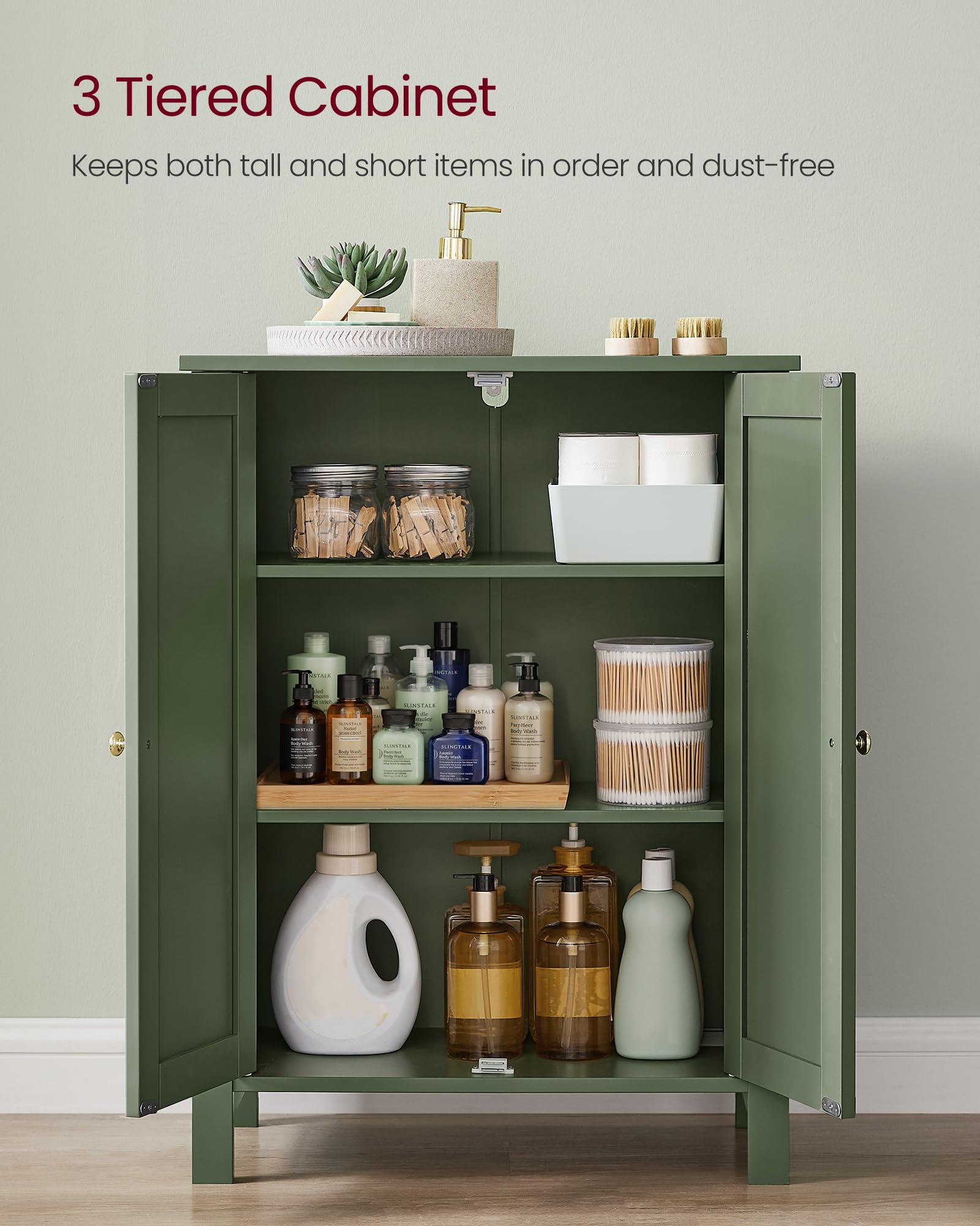 VASAGLE cabinet forest green with doors open and adjustable shelves visible.