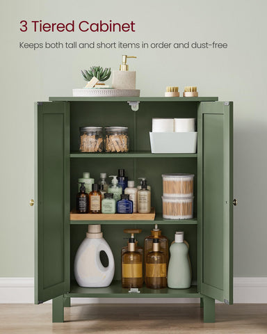 VASAGLE cabinet forest green with doors open and adjustable shelves visible.