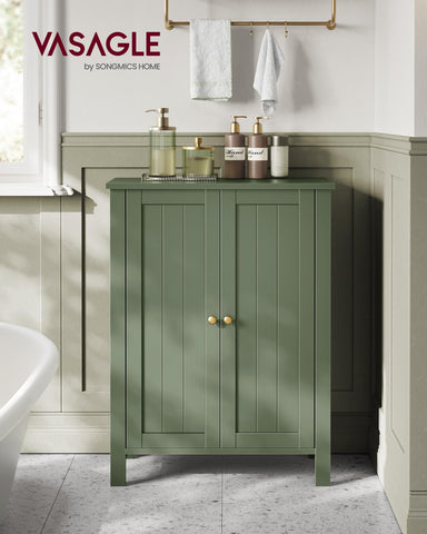 VASAGLE cabinet forest green side view emphasizing slim footprint.