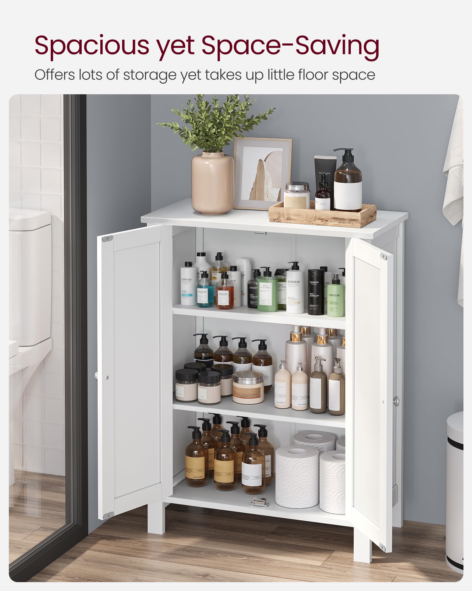 VASAGLE cabinet side view shows sturdy MDF construction and stability