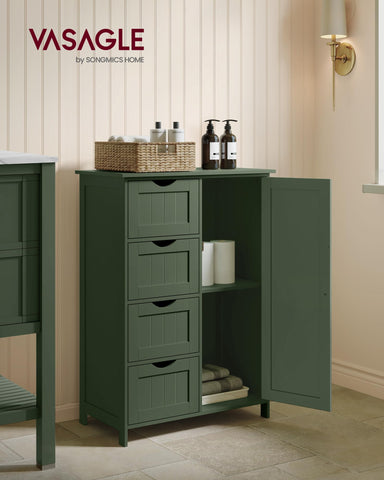 VASAGLE cabinet with drawers open, revealing organized storage for everyday essentials