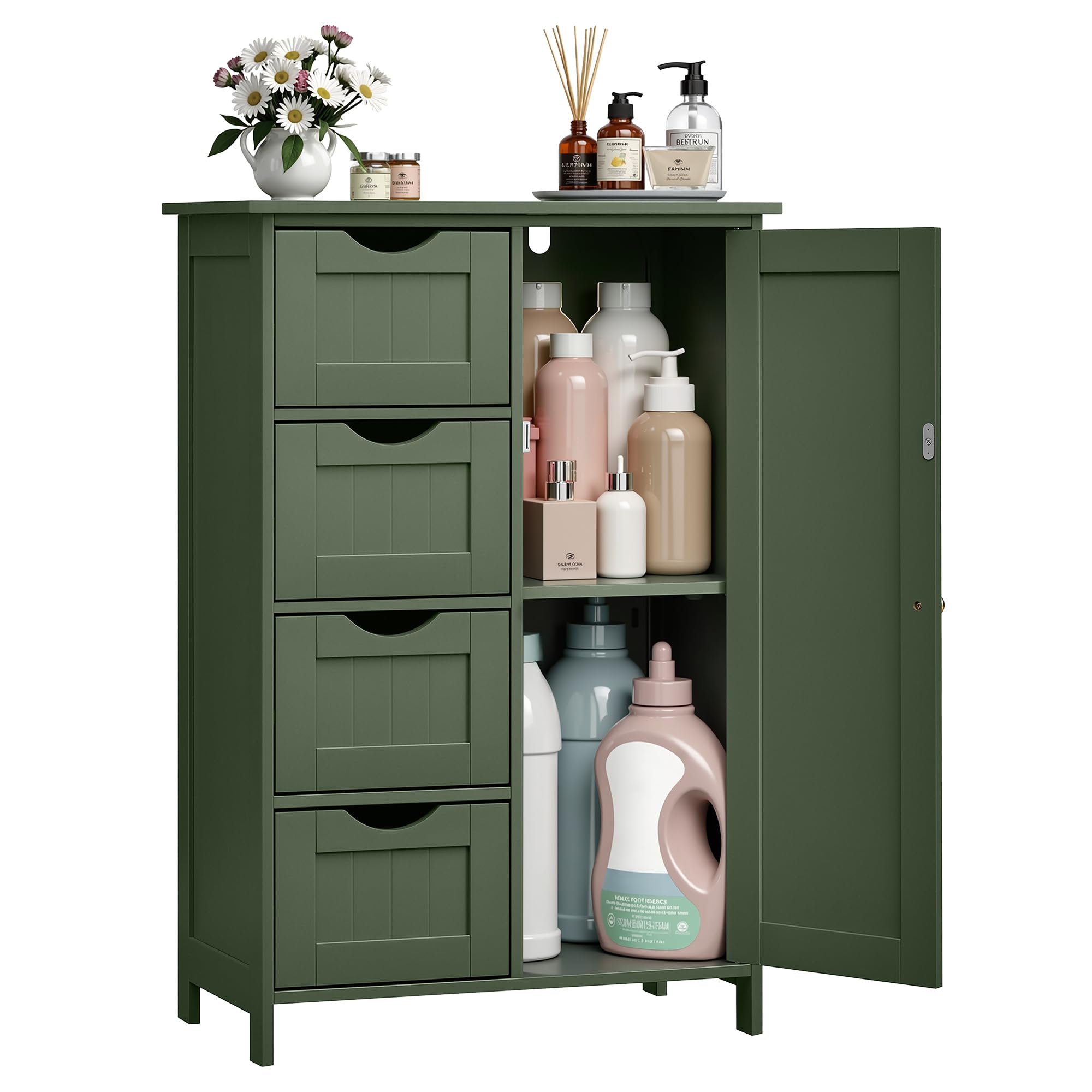 VASAGLE forest green storage cabinet front view, showing compact design and versatile space for any room