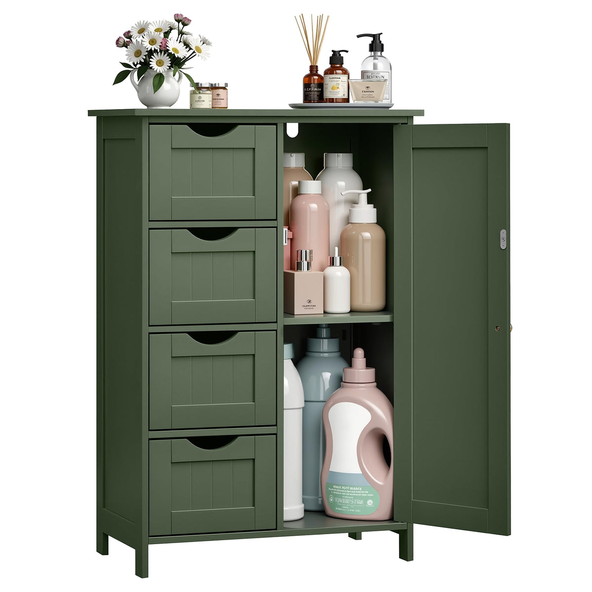 VASAGLE forest green storage cabinet front view, showing compact design and versatile space for any room