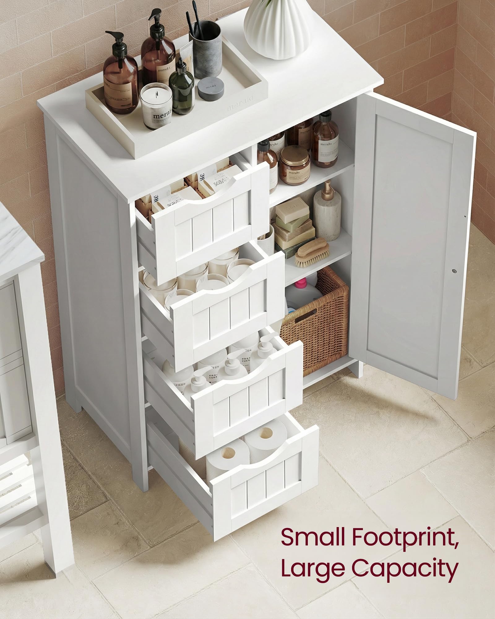 VASAGLE freestanding cabinet in bathroom setting keeping towels tidy with sturdy MDF.