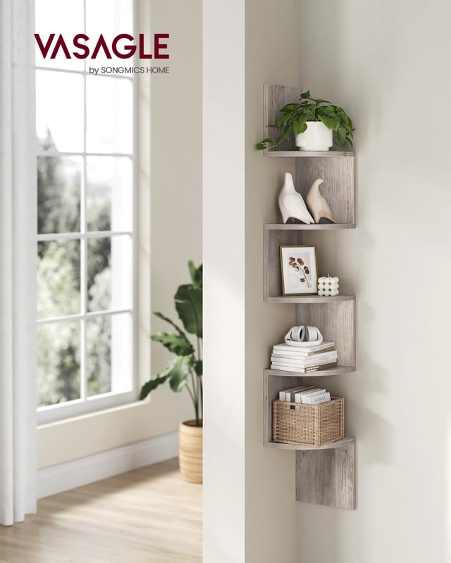 VASAGLE Heather Greige shelves close-up showing curved finish and rustic charm