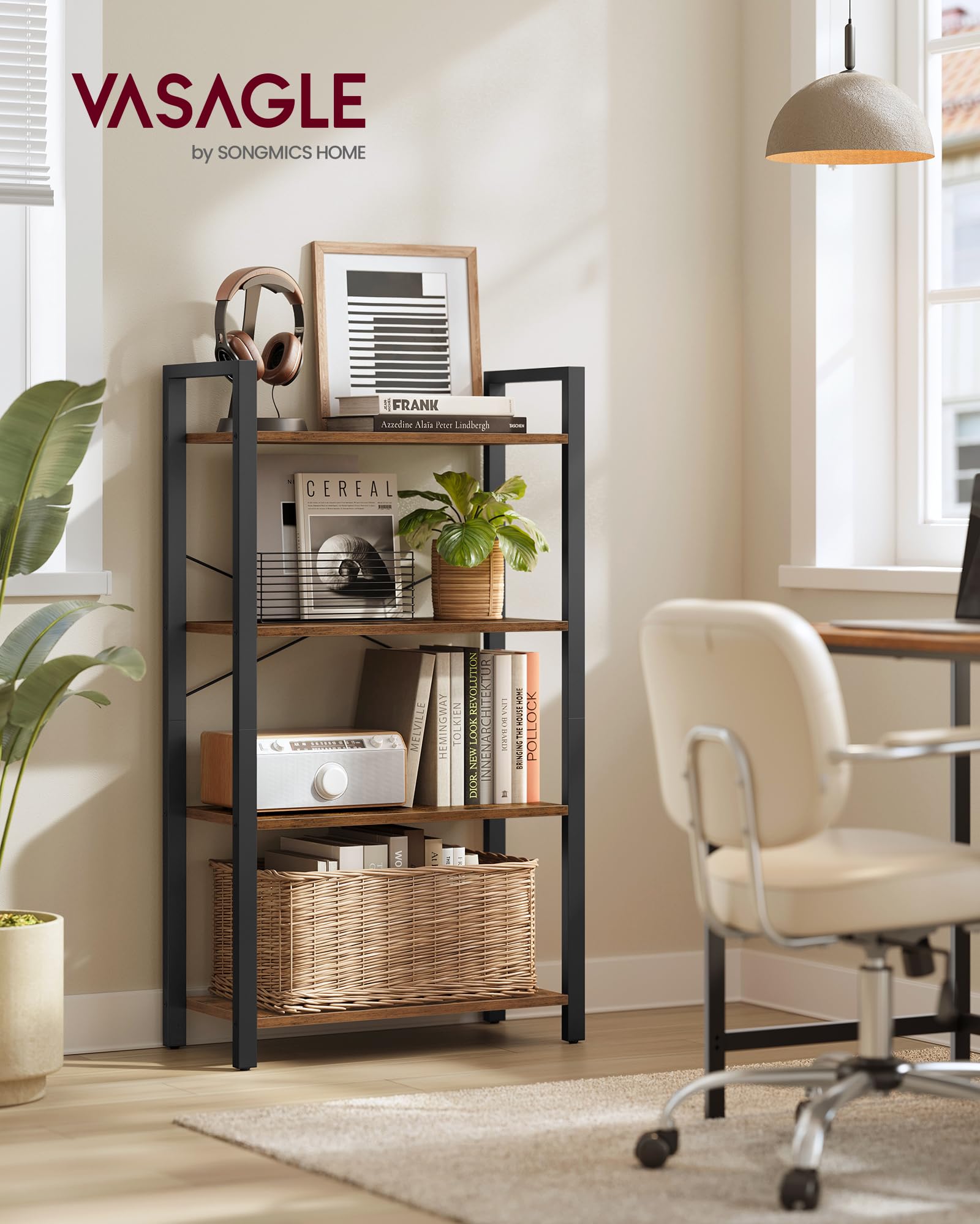 Industrial rustic design complements modern interiors while keeping books and decor organized.