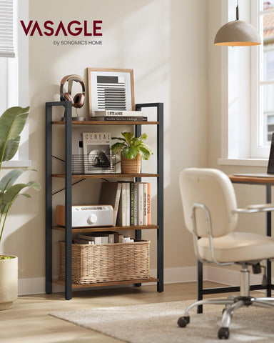 Industrial rustic design complements modern interiors while keeping books and decor organized.