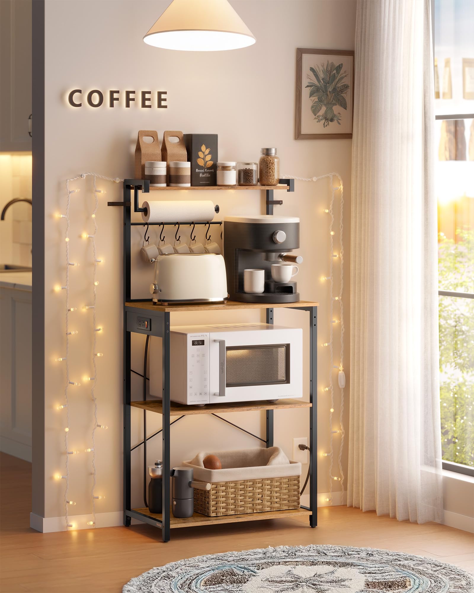 VASAGLE Kitchen Bakers Rack adjustable-shelves demonstrates flexible storage for large appliances.