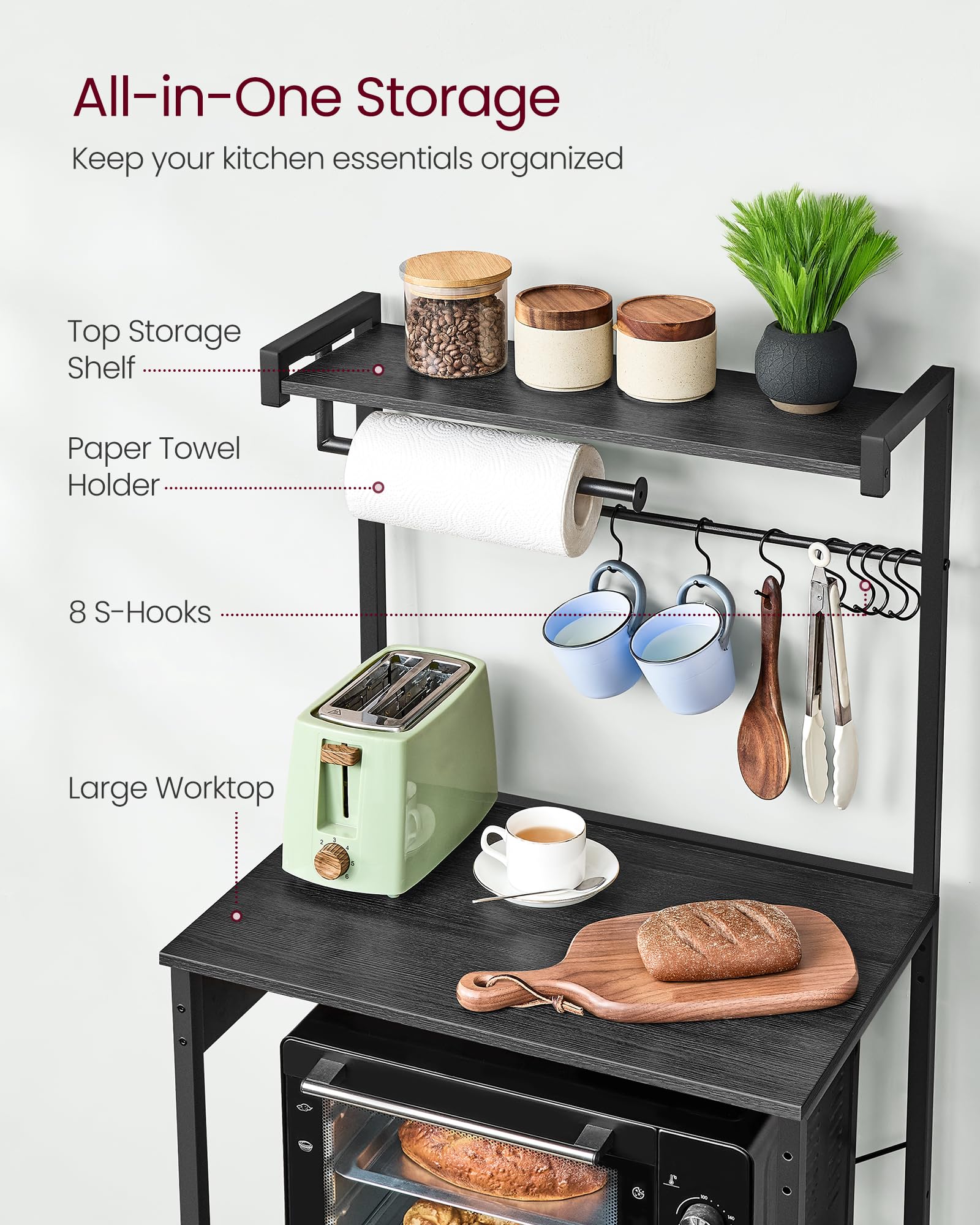 VASAGLE kitchen bakers rack easy assembly with labeled parts.