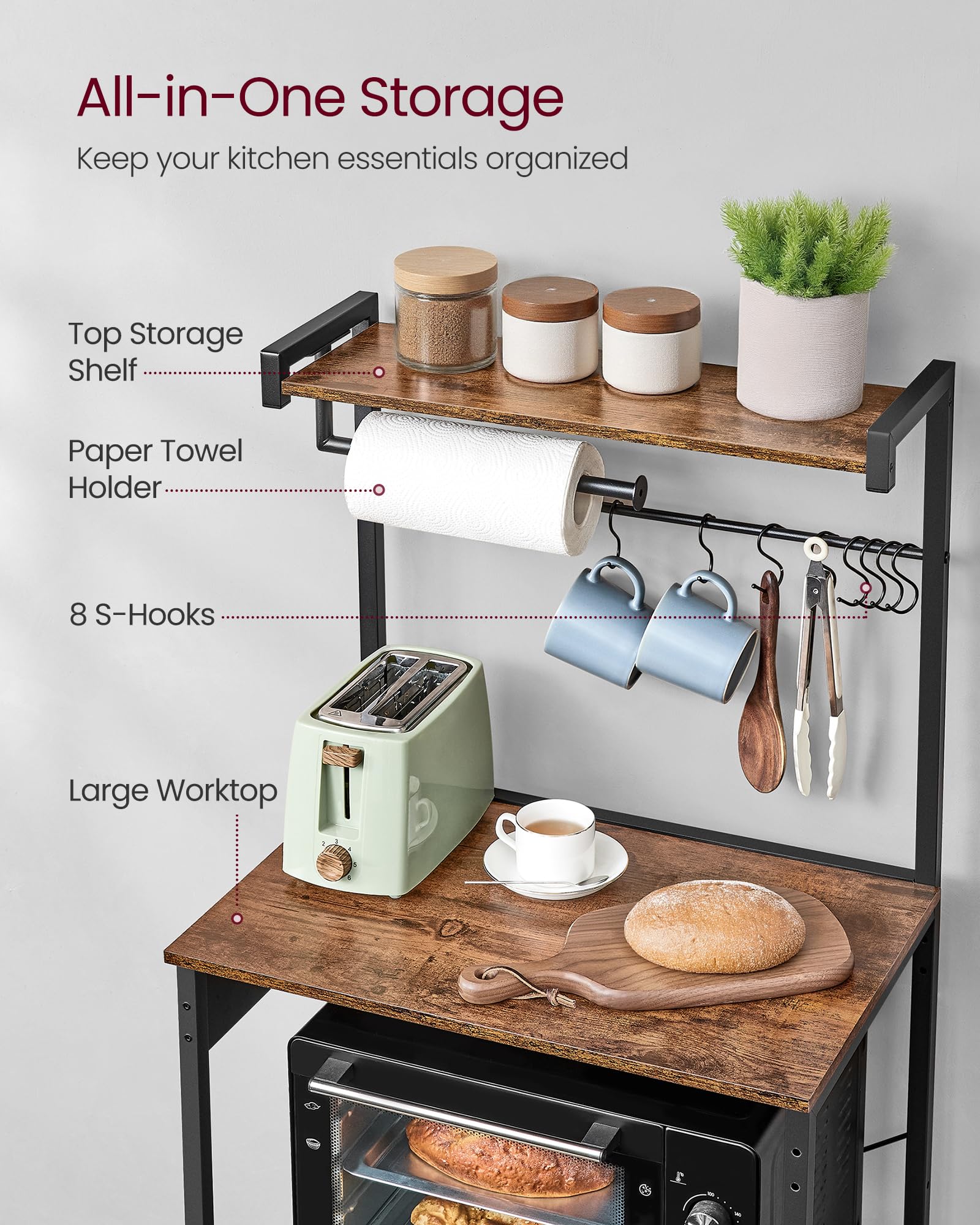 VASAGLE Kitchen Bakers Rack paper-towel-holder shows convenient towel storage.