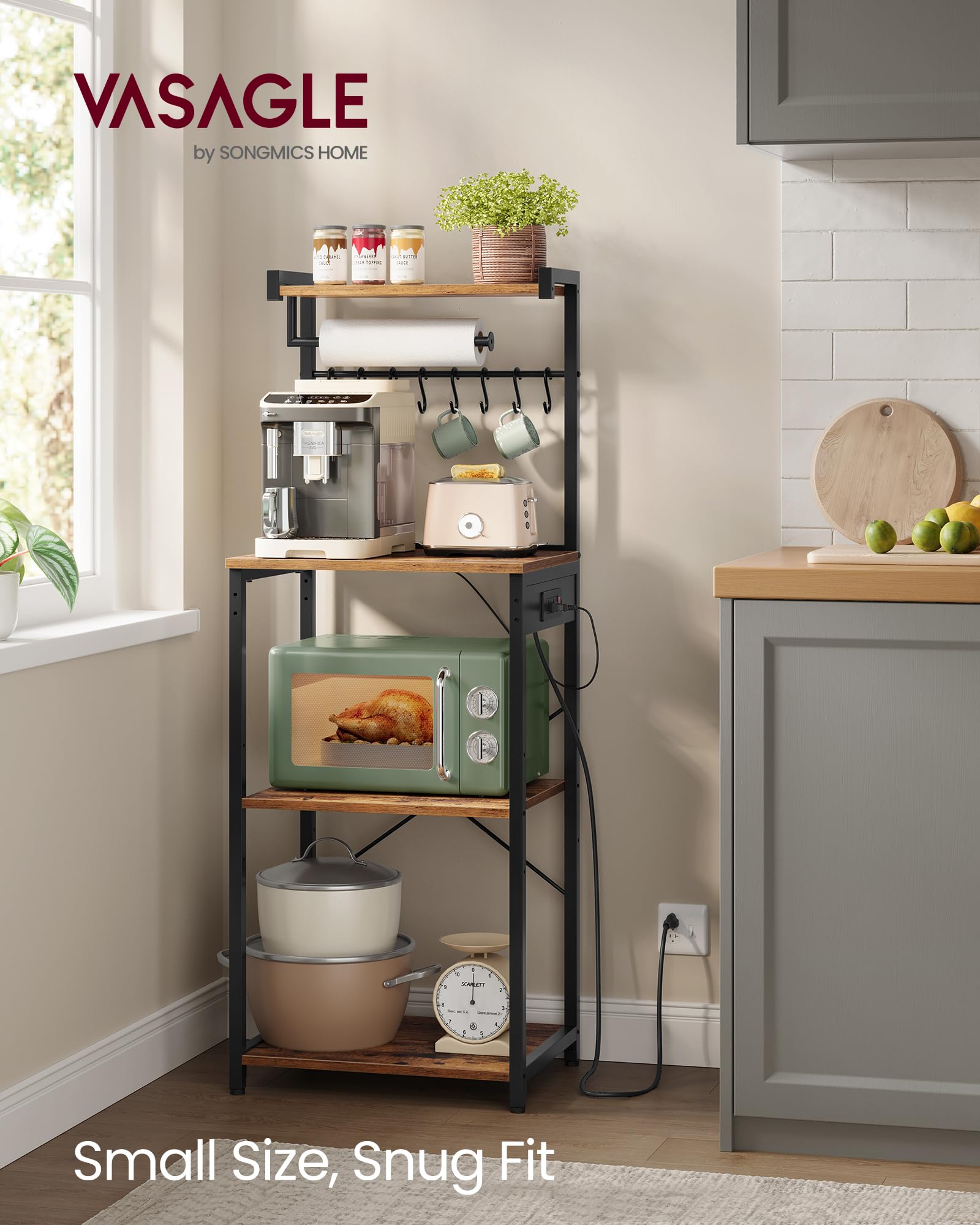 VASAGLE kitchen bakers rack side view shows built-in outlets and sturdy frame.