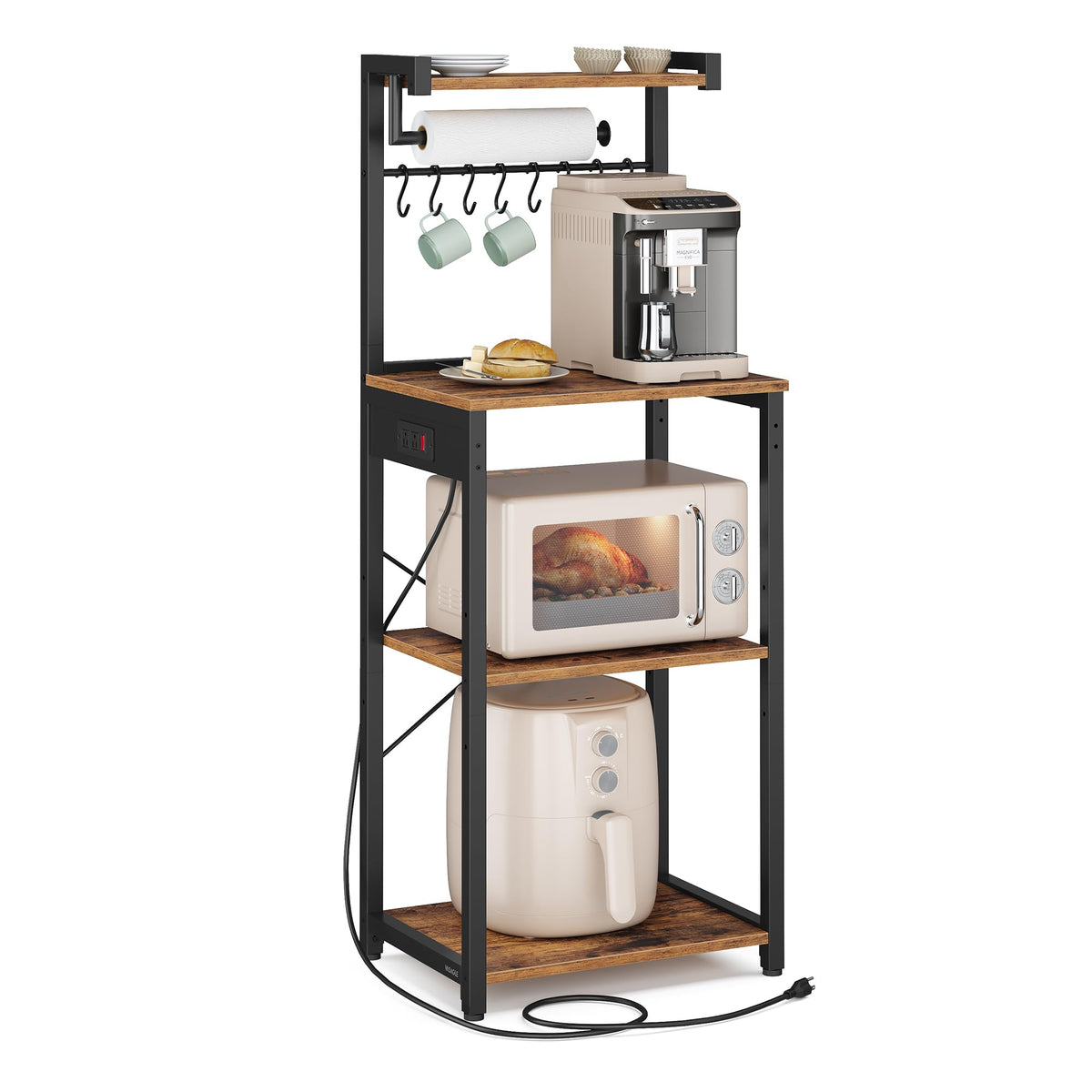 VASAGLE kitchen bakers rack with power outlet, top view highlighting compact footprint for small spaces.
