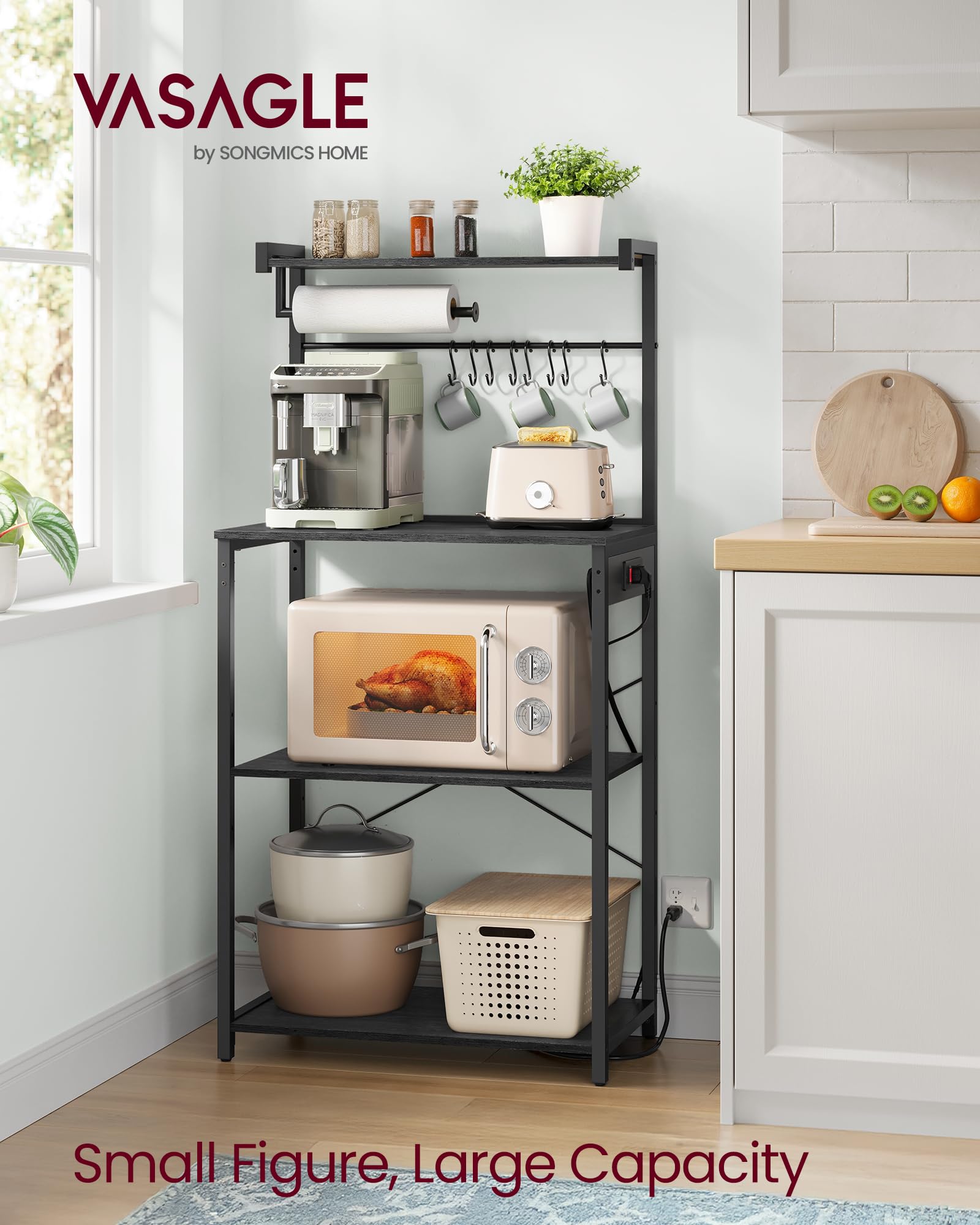 VASAGLE kitchen bakers rack with power outlet powers appliances safely while you cook.