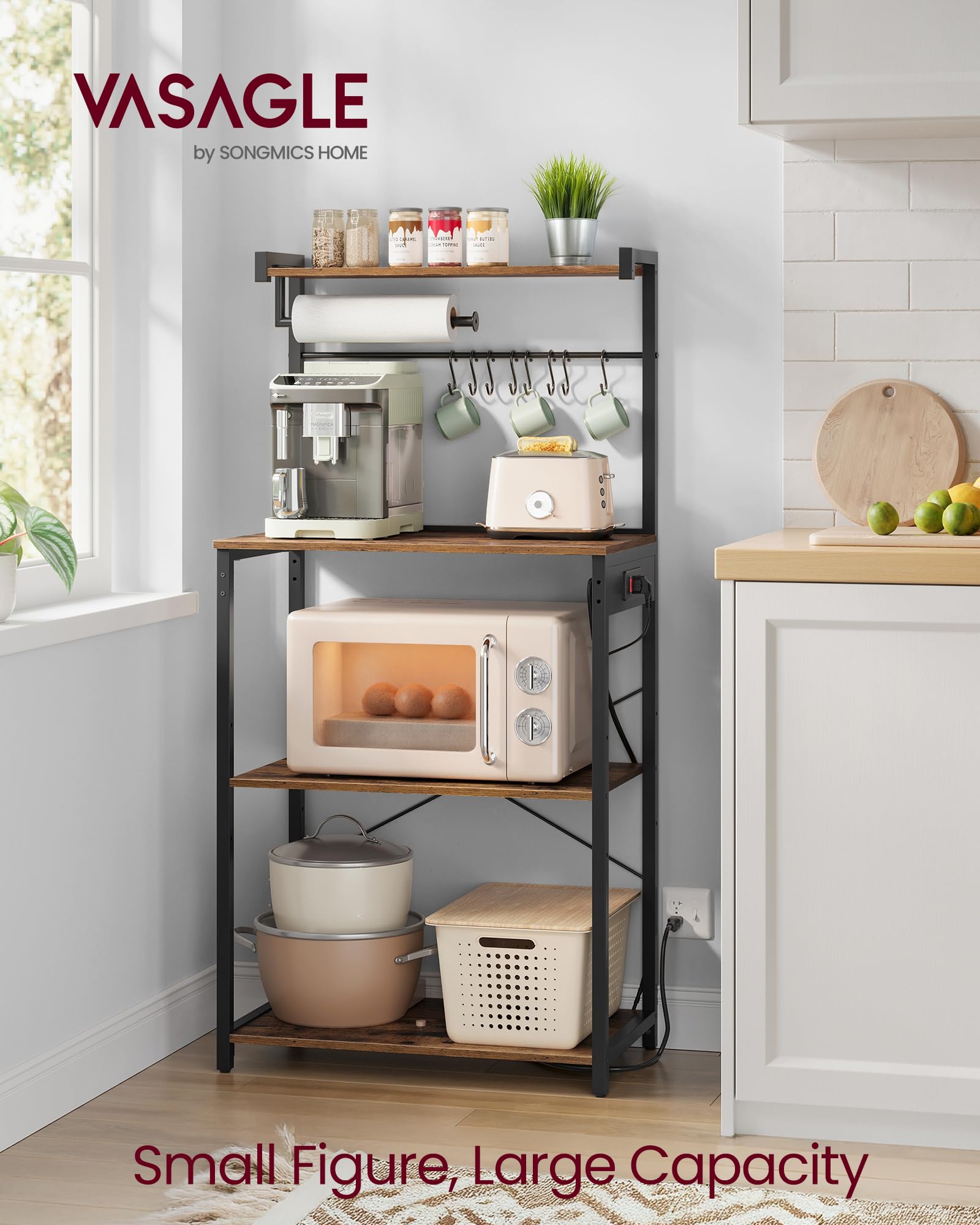 VASAGLE Kitchen Bakers Rack power-strip highlights built-in outlets for quick appliance setup.