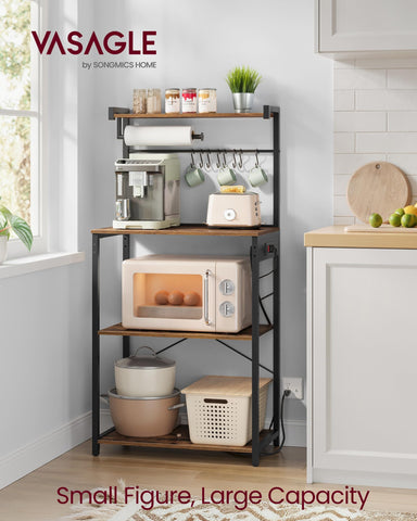 VASAGLE Kitchen Bakers Rack power-strip highlights built-in outlets for quick appliance setup.
