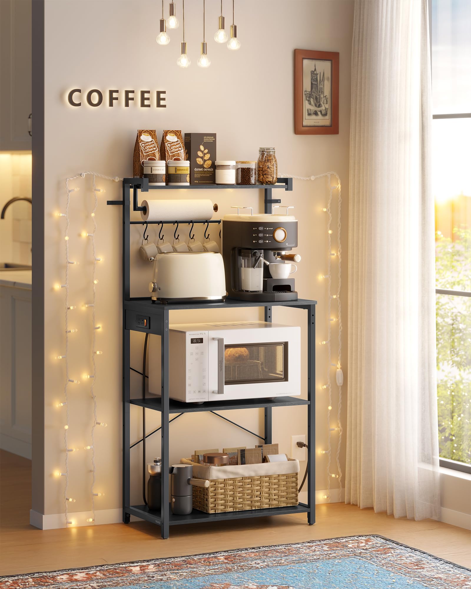 VASAGLE kitchen bakers rack with 8 S-hooks keeps utensils within reach.