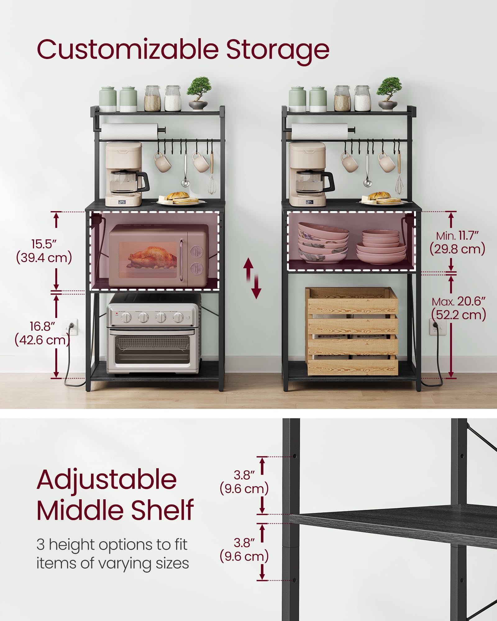 VASAGLE kitchen bakers rack sturdy steel frame for lasting stability.