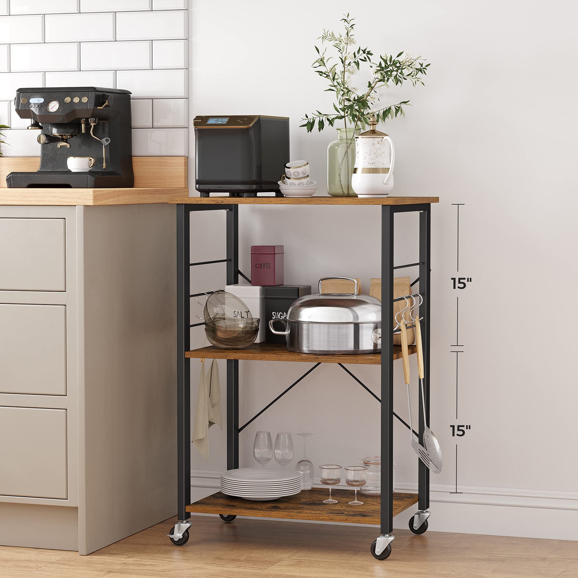 VASAGLE three-shelf baker's rack with durable steel frame for daily use.