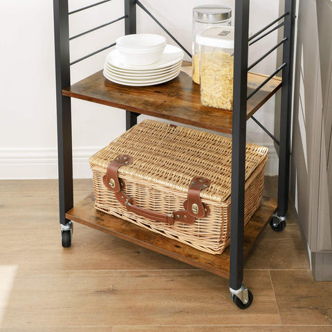 VASAGLE kitchen cart with four casters, two brakes, easy maneuverability.