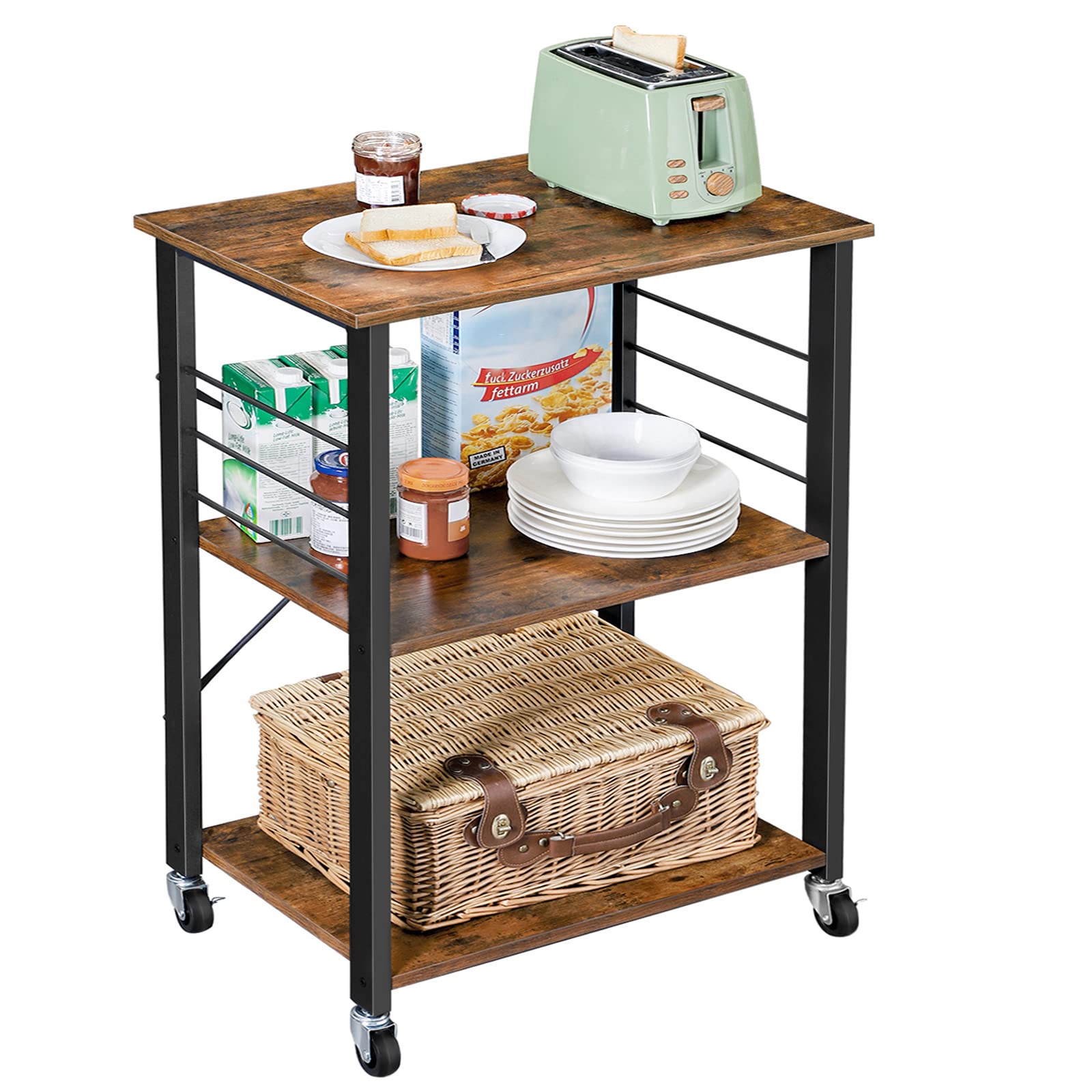 VASAGLE kitchen cart on wheels with three shelves for versatile storage in compact spaces.