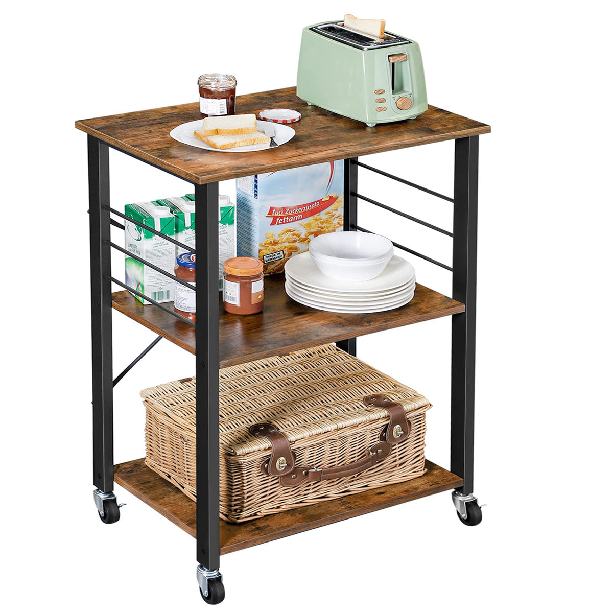 VASAGLE kitchen cart on wheels with three shelves for versatile storage in compact spaces.